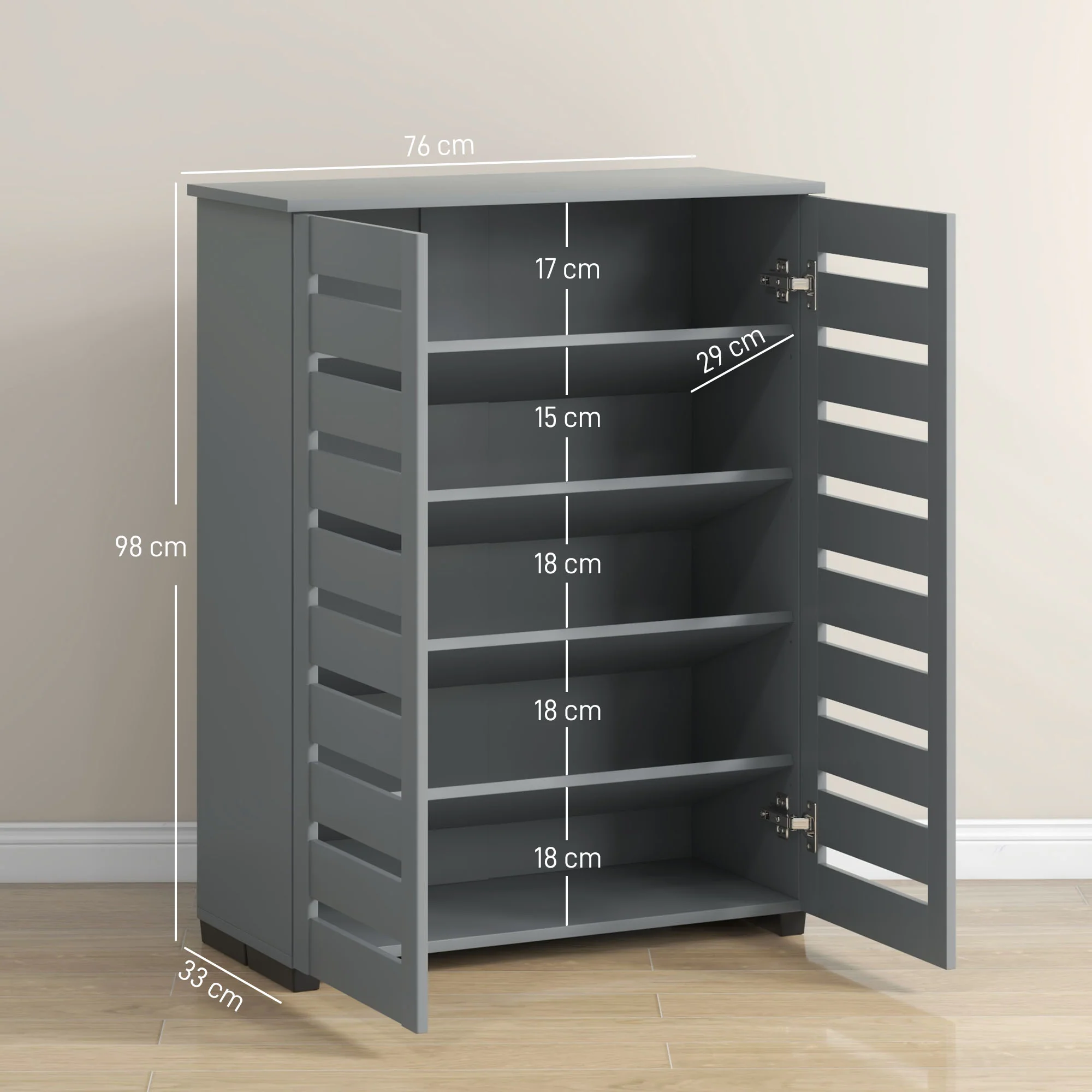 HOMCOM Shoe Storage Cabinet with Slatted Doors for 15 Pairs of Shoes Grey - Image 5