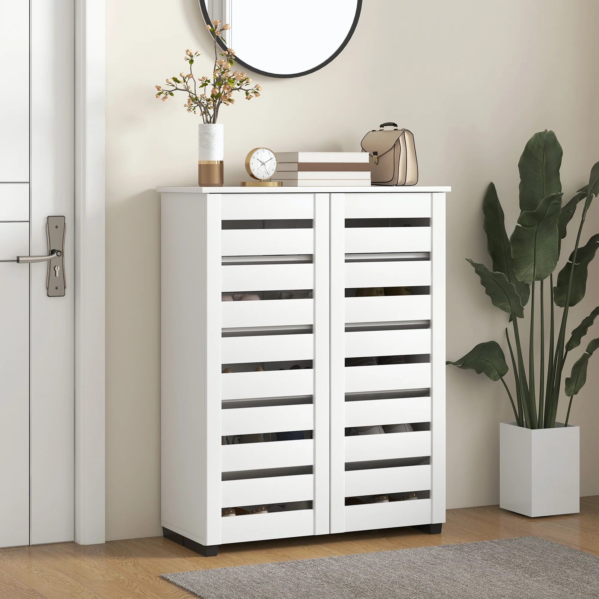 HOMCOM Shoe Storage Cabinet with Slatted Doors for 15 Pairs of Shoes White - Image 2