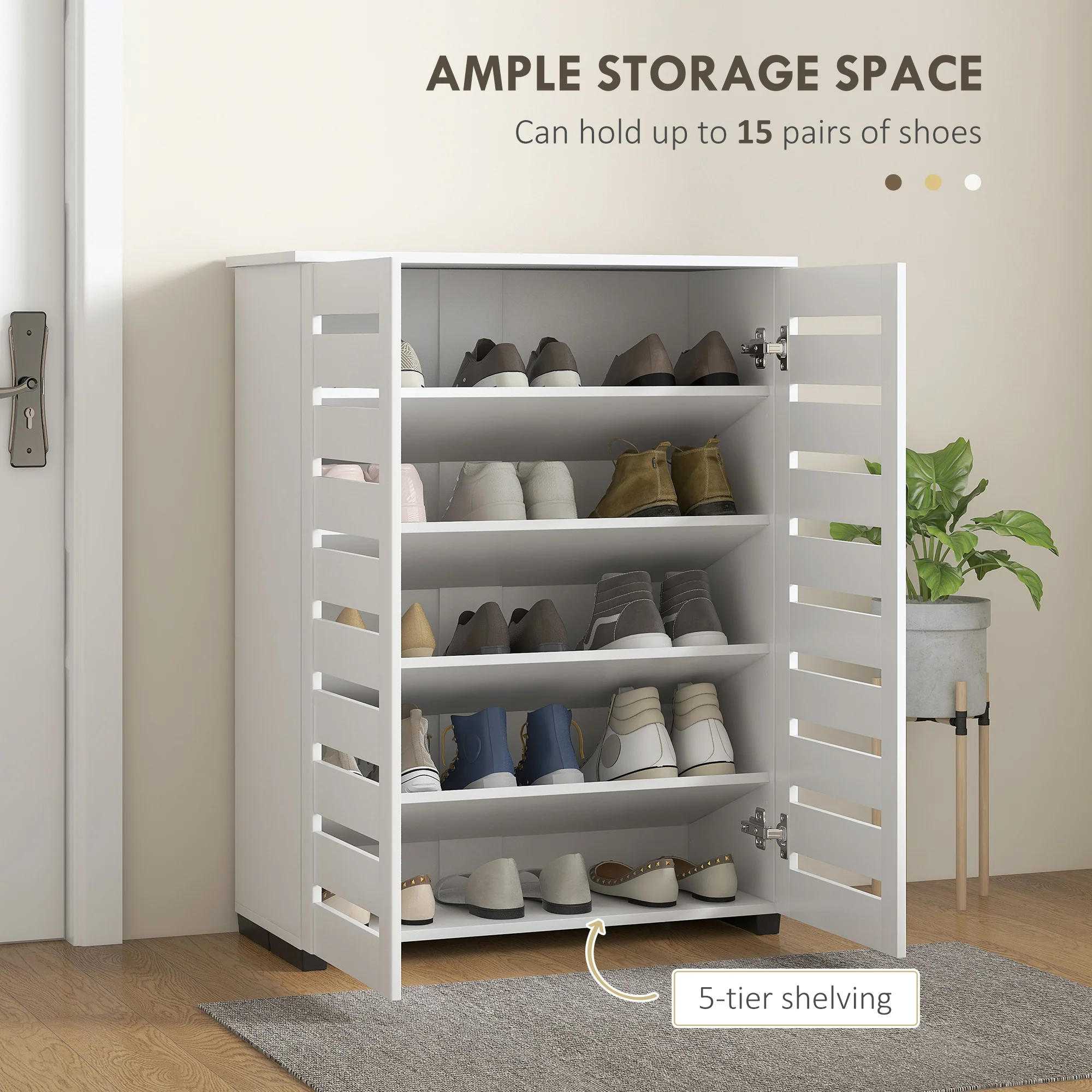 HOMCOM Shoe Storage Cabinet with Slatted Doors for 15 Pairs of Shoes White - Image 3