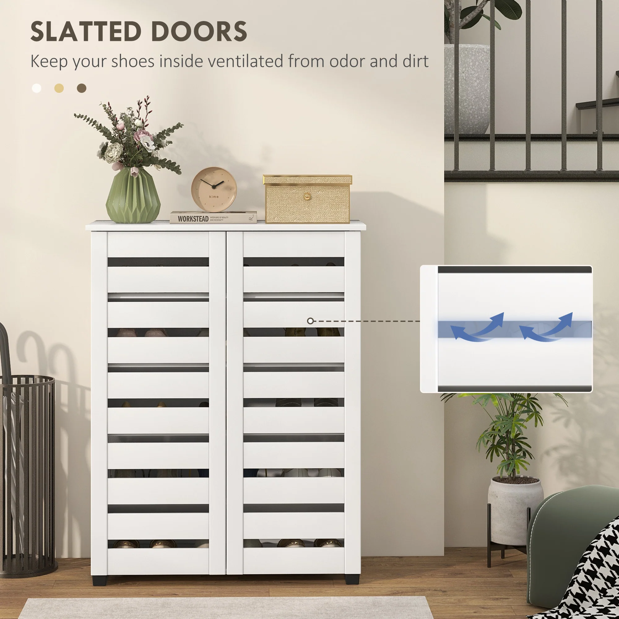 HOMCOM Shoe Storage Cabinet with Slatted Doors for 15 Pairs of Shoes White - Image 4