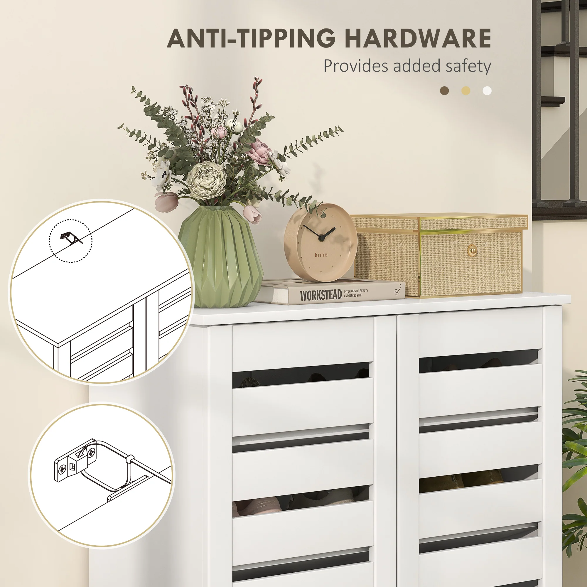 HOMCOM Shoe Storage Cabinet with Slatted Doors for 15 Pairs of Shoes White - Image 7