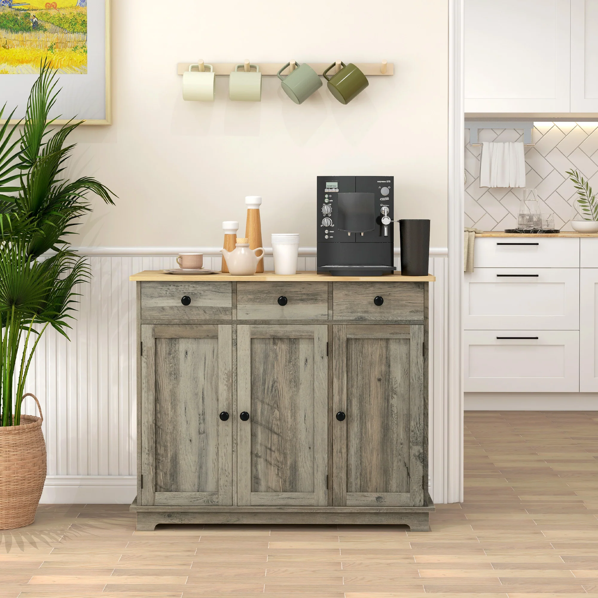 HOMCOM Sideboard Buffet Cabinet with Storage Cabinets and Drawers Grey - Image 2