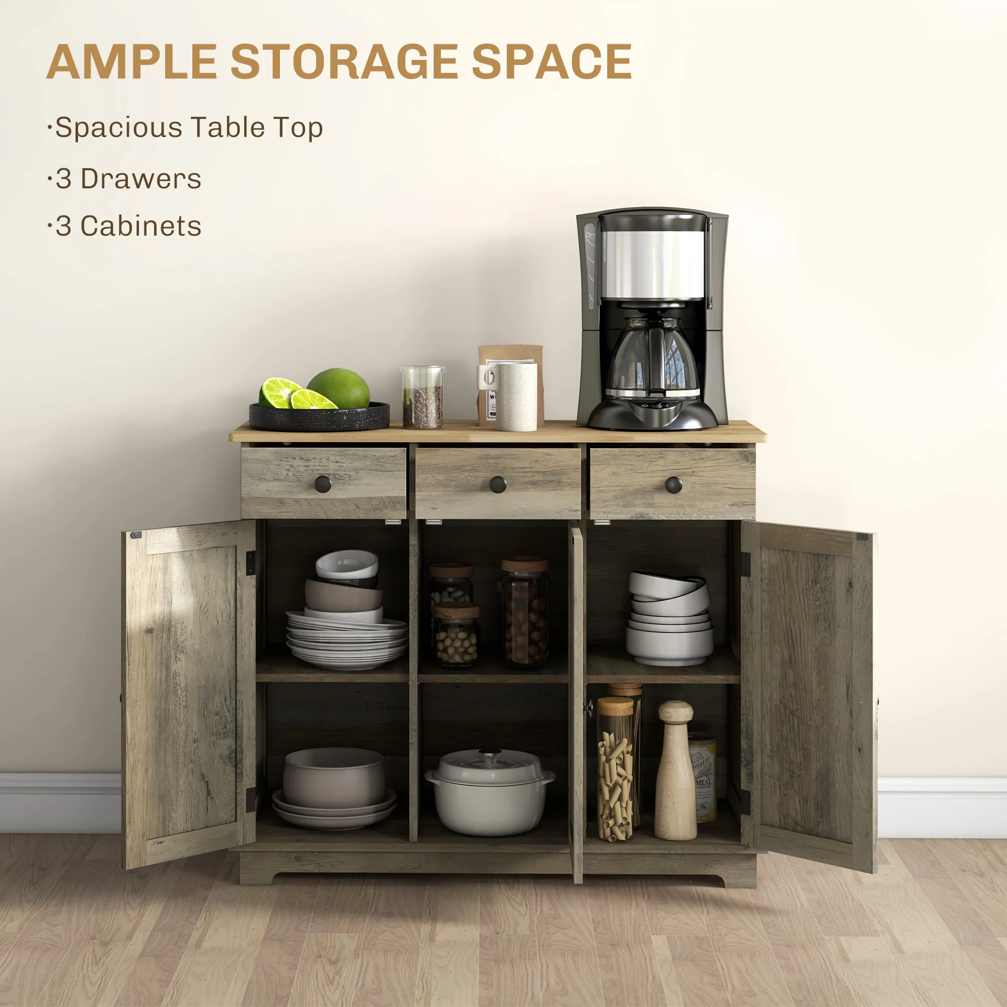 HOMCOM Sideboard Buffet Cabinet with Storage Cabinets and Drawers Grey - Image 3