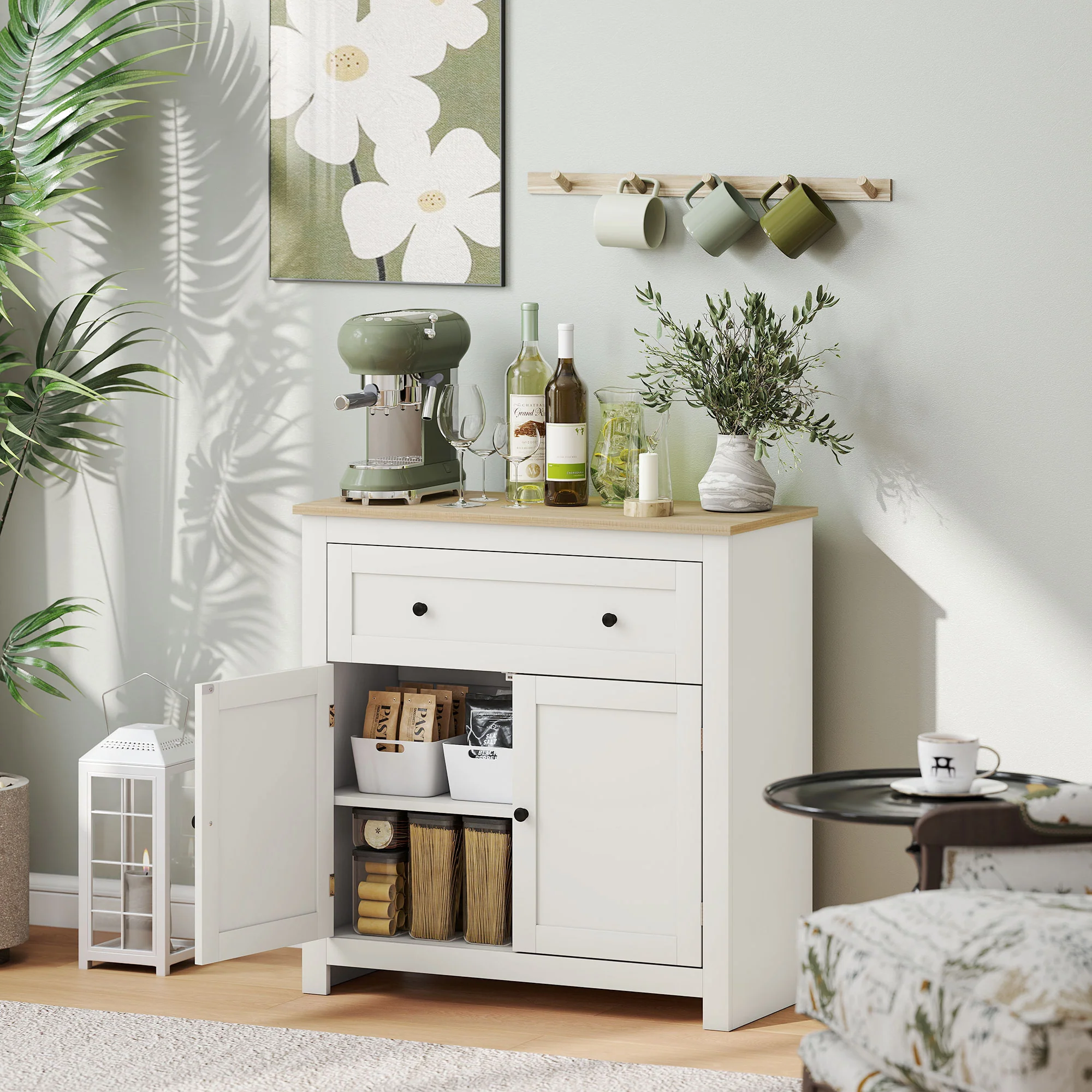 HOMCOM Sideboard, Kitchen Storage Cabinet w/ Adjustable Shelf, Drawer, Cream - Image 2