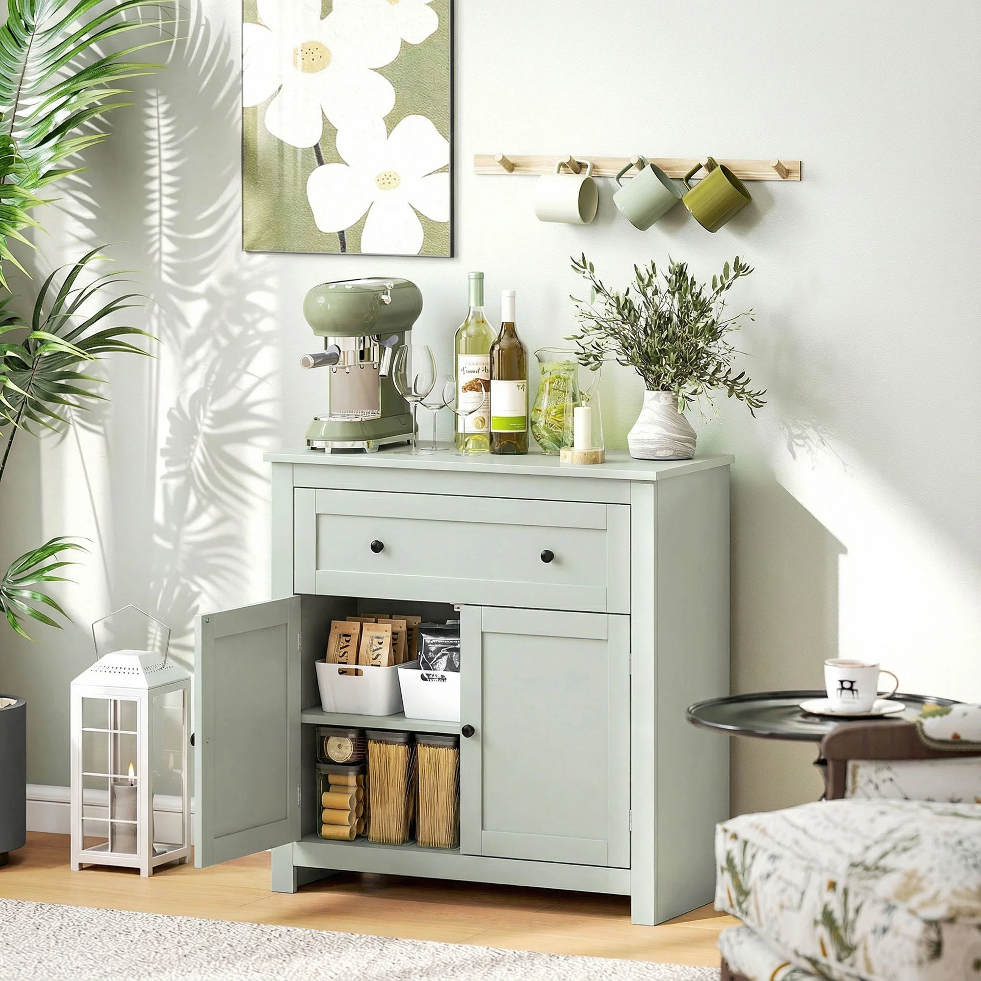 HOMCOM Sideboard, Kitchen Storage Cabinet w/ Adjustable Shelf, Drawer, Green - Image 2