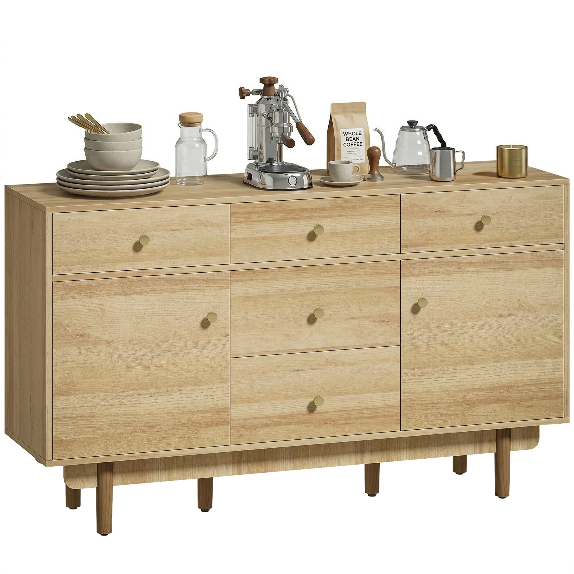 HOMCOM Sideboard Soft Close Doors Wood Legs Walnut