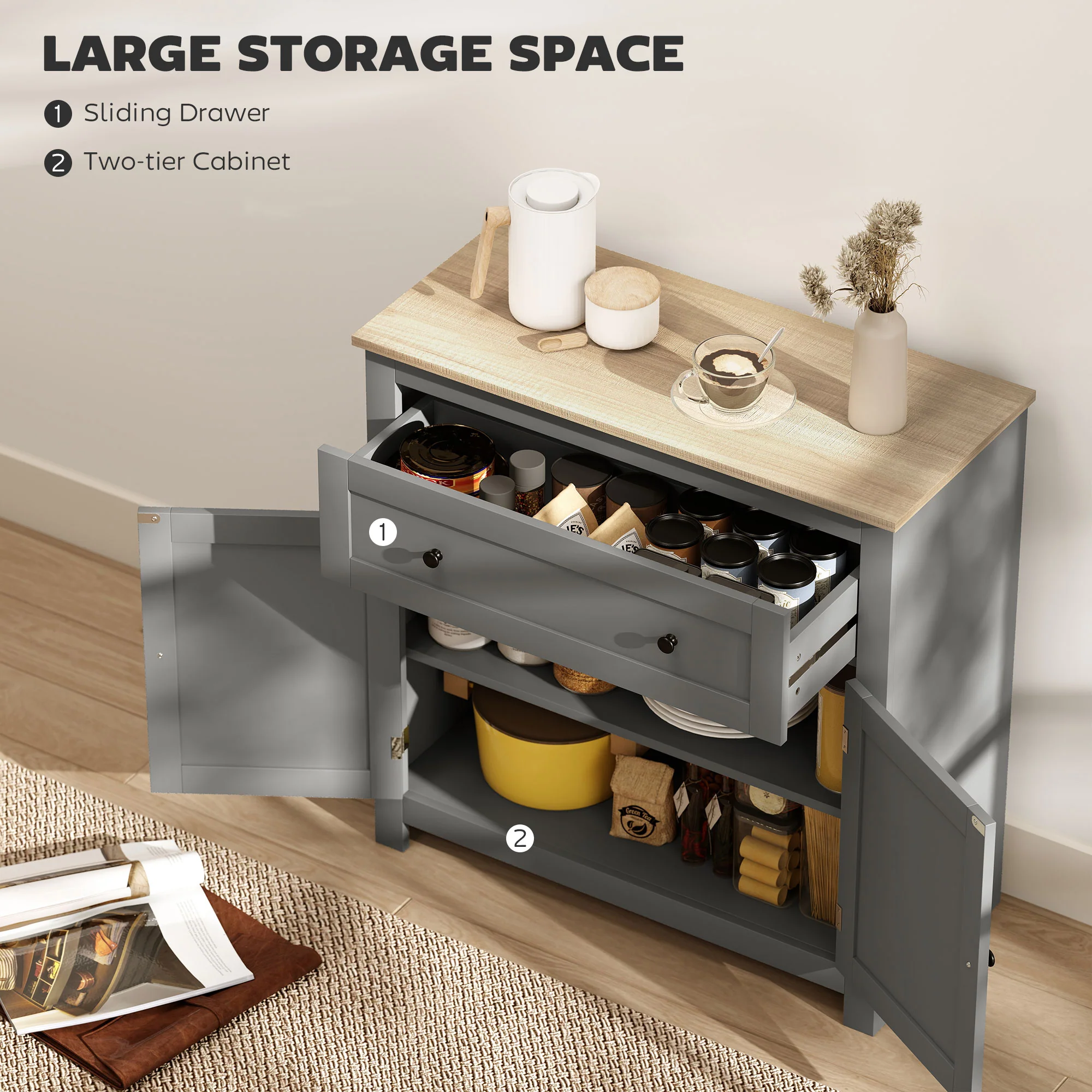 HOMCOM Sideboard Storage Cabinet With Adjustable Shelf, Drawer - Image 3