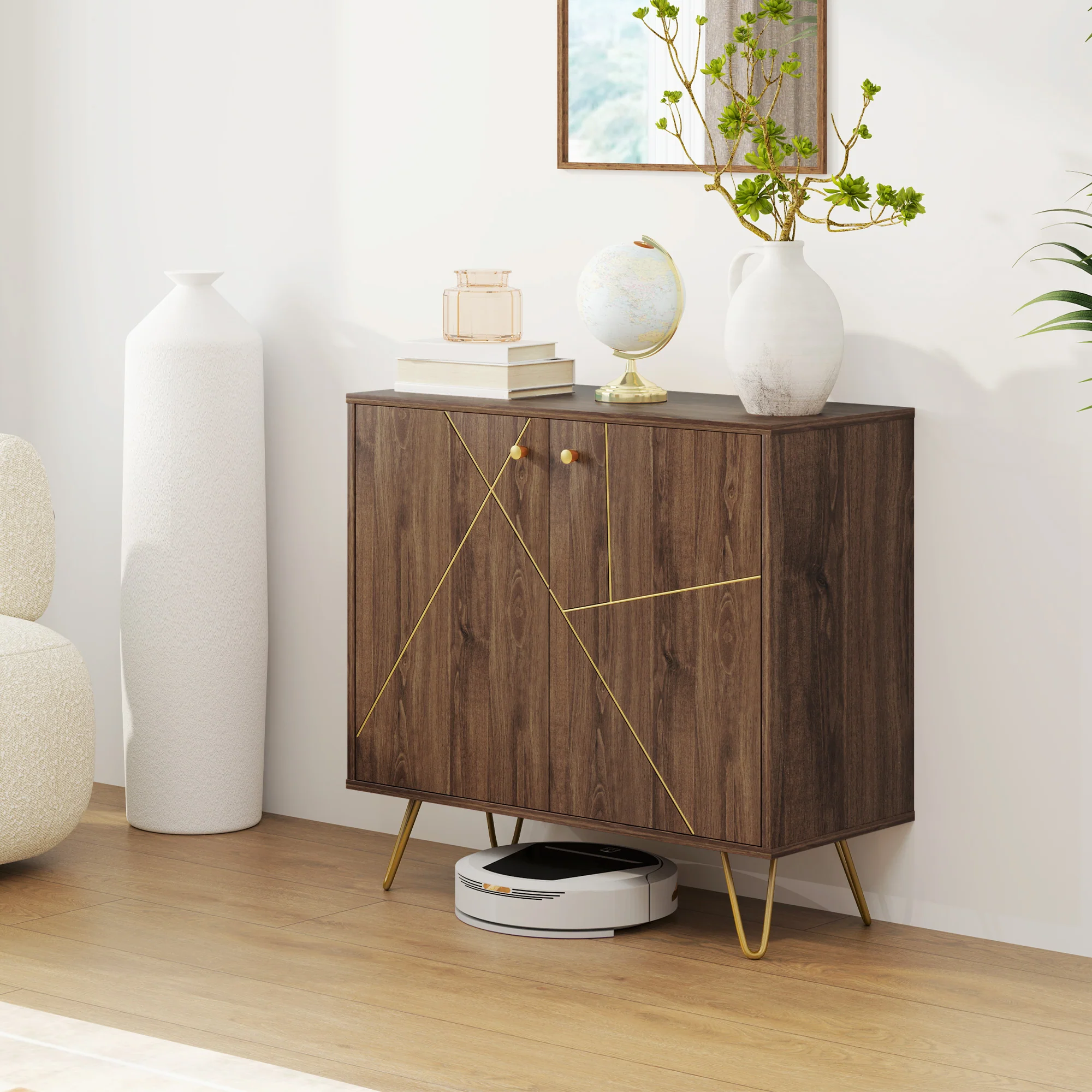 HOMCOM Sideboard Storage Cabinet with Luxurious Steel Lines Steel Legs Brown - Image 2