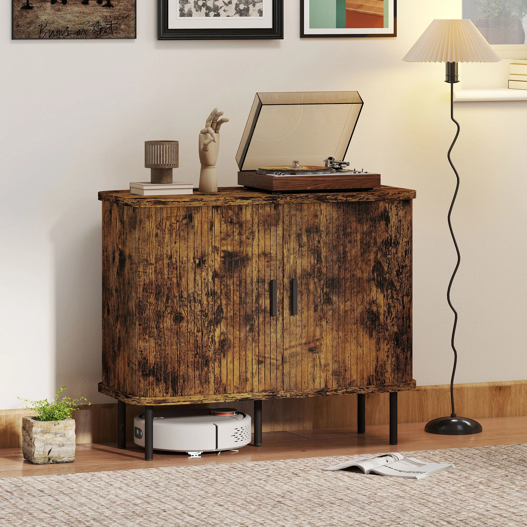HOMCOM Sideboard Storage Cabinet With Slatted Tambour Sliding Doors - Image 11