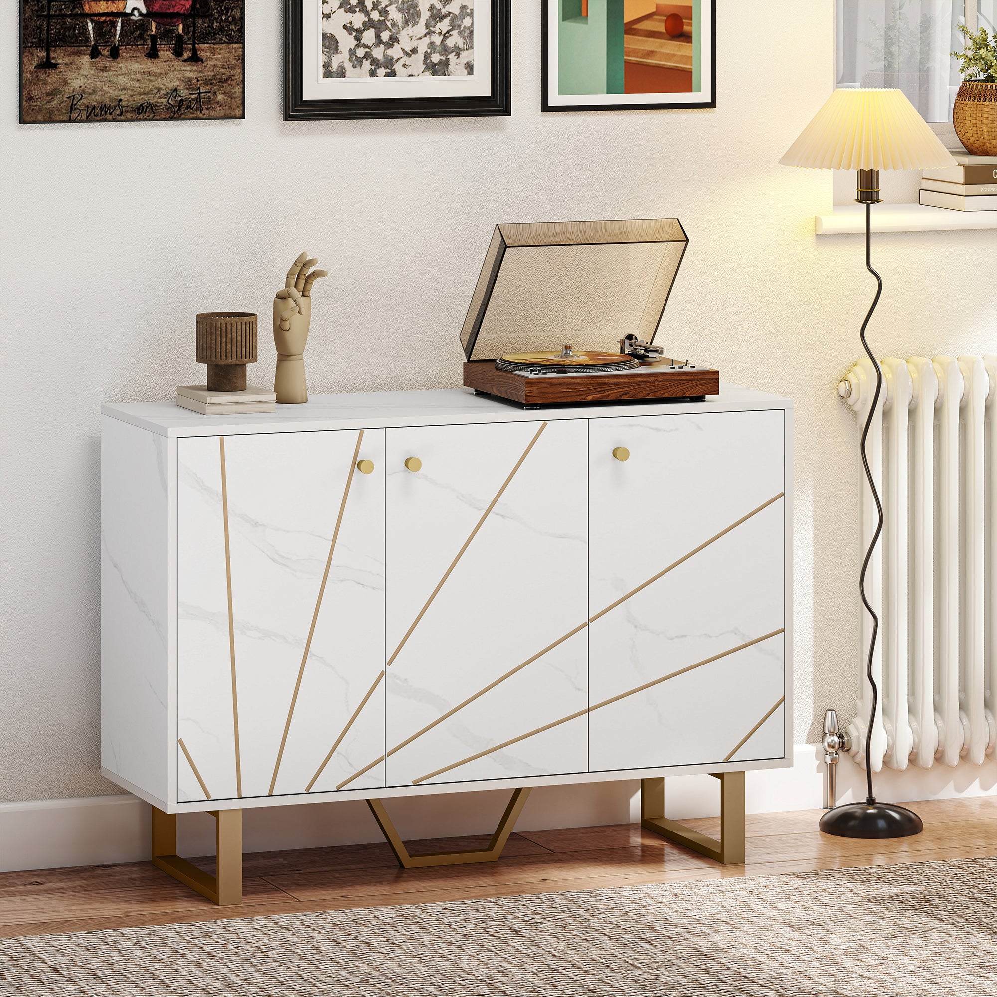 HOMCOM Sideboard Storage Cupboard With Metal Legs For Living Room, White - Image 2