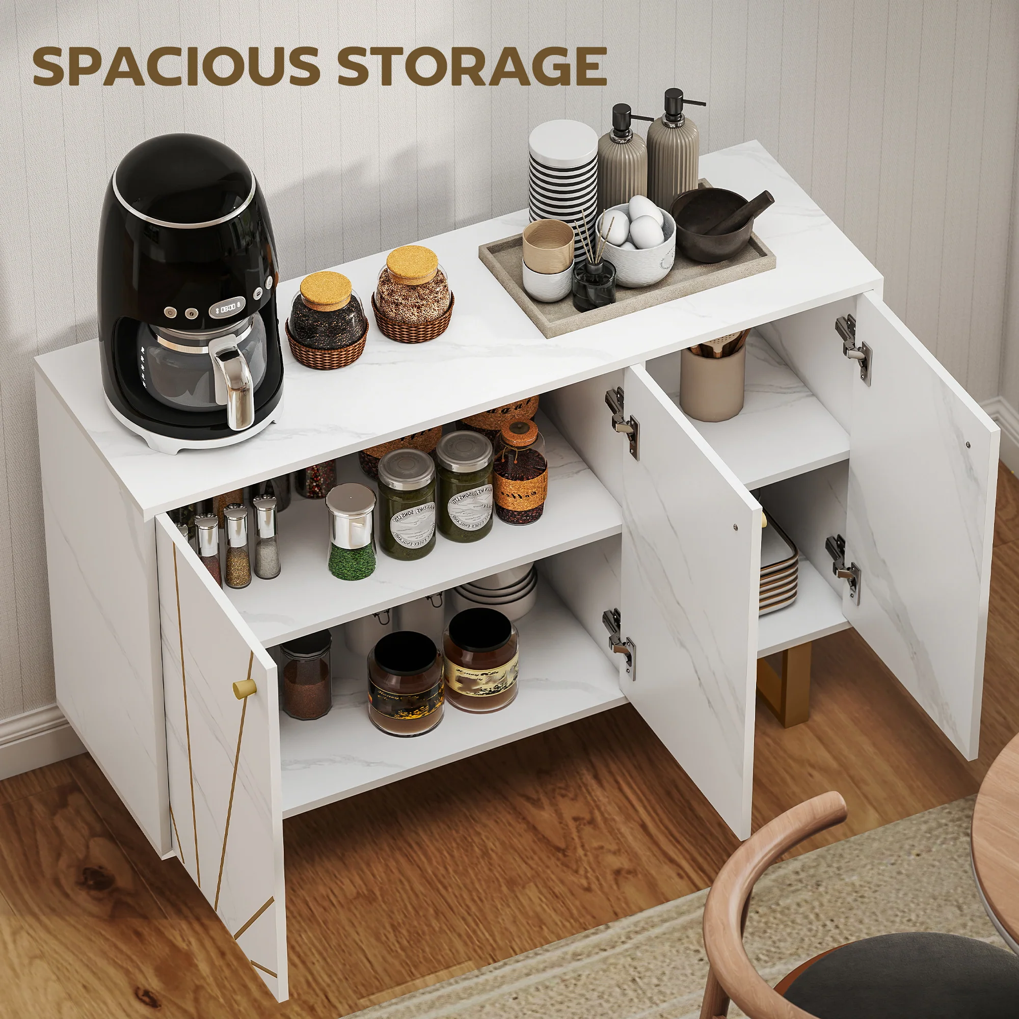 HOMCOM Sideboard Storage Cupboard With Metal Legs For Living Room, White - Image 3
