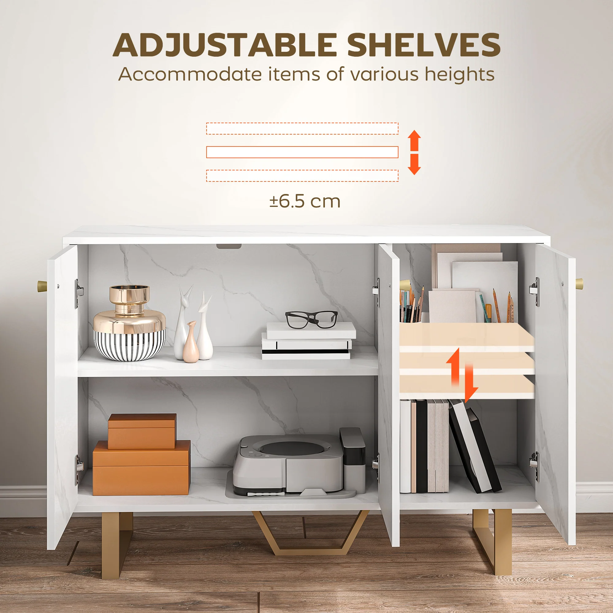 HOMCOM Sideboard Storage Cupboard With Metal Legs For Living Room, White - Image 4