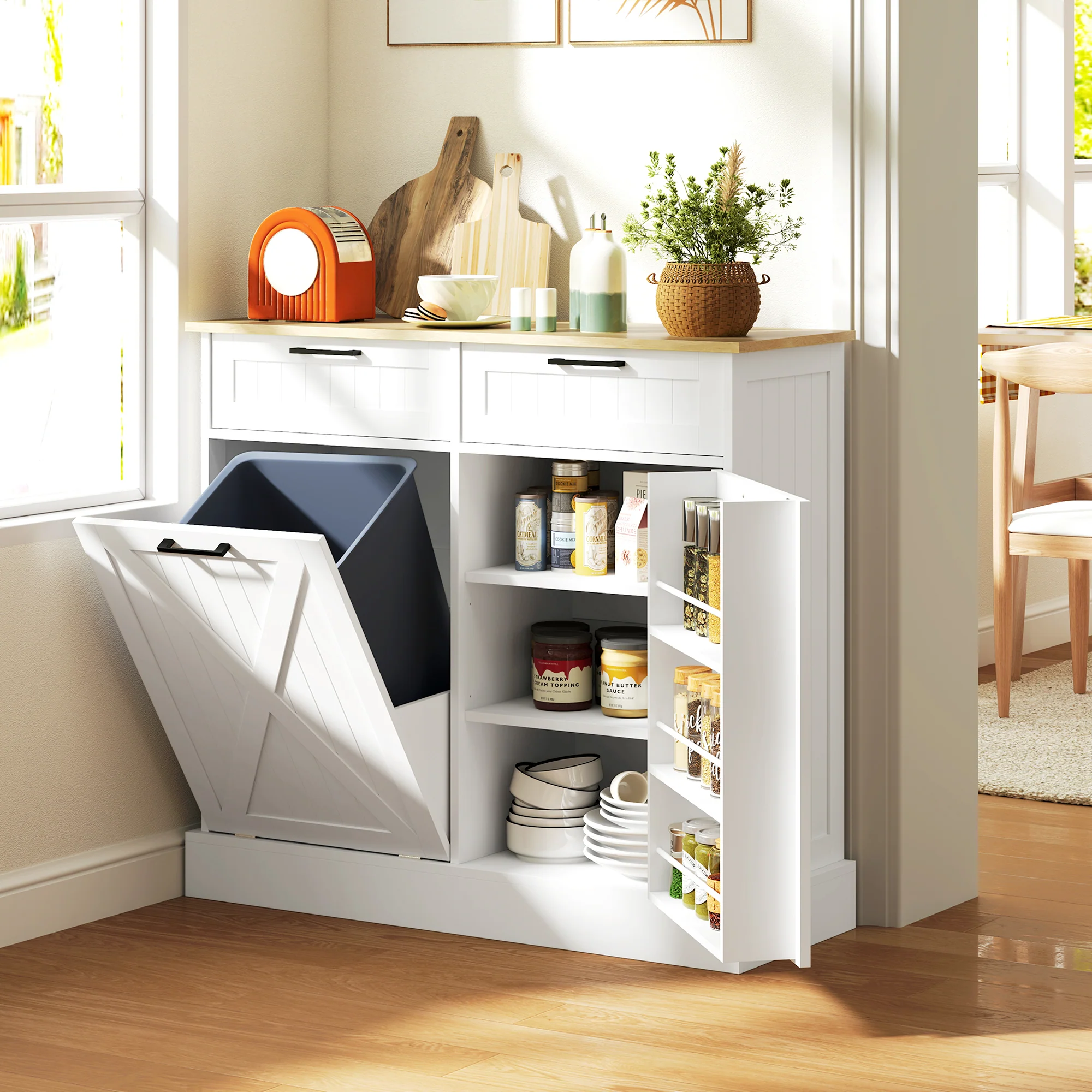 HOMCOM Sideboard with Trash Bin, Farmhouse Kitchen Sideboard with 2 Drawers - Image 2