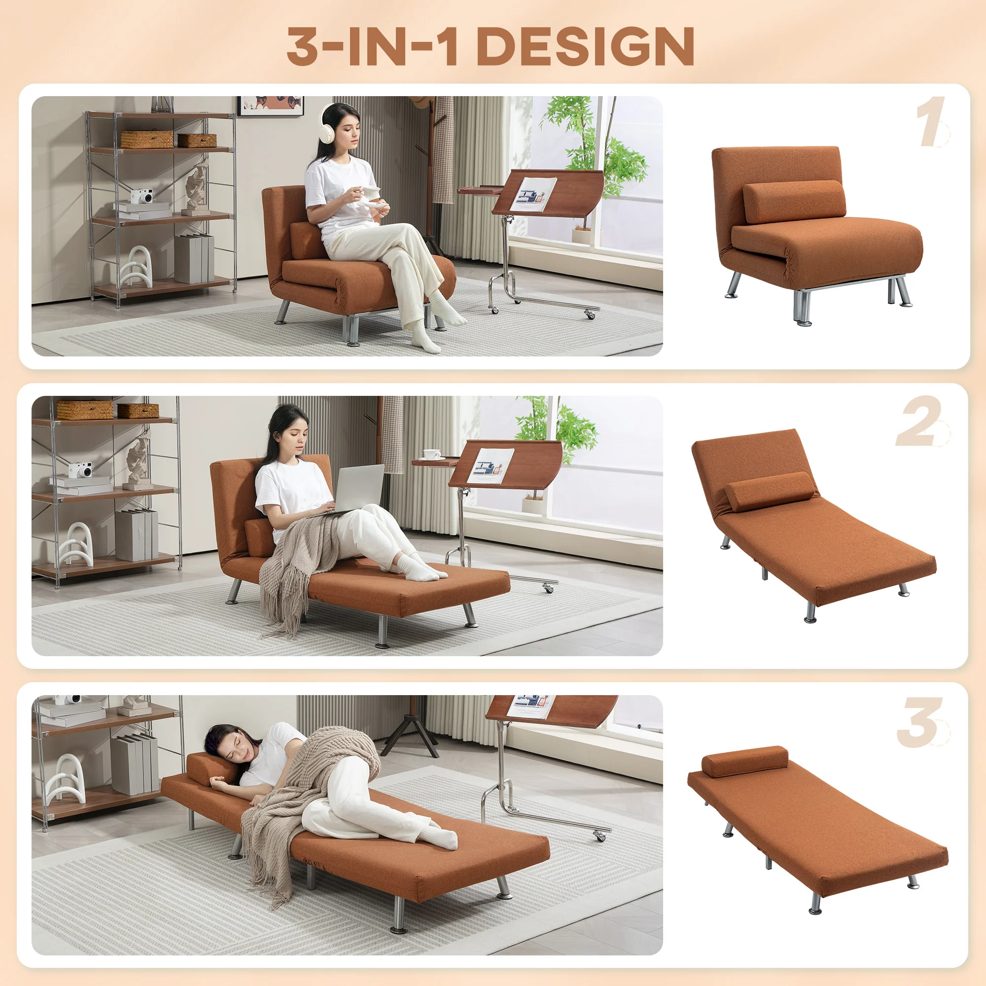 HOMCOM Single Folding 5 Position Convertible Sleeper Chair Bed - Image 3