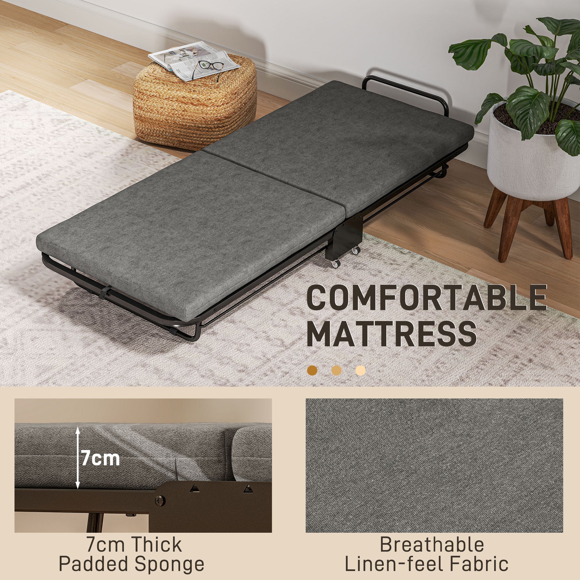 HOMCOM Single Folding Bed With Mattress Foldable Guest Bed On Wheels, Grey - Image 3