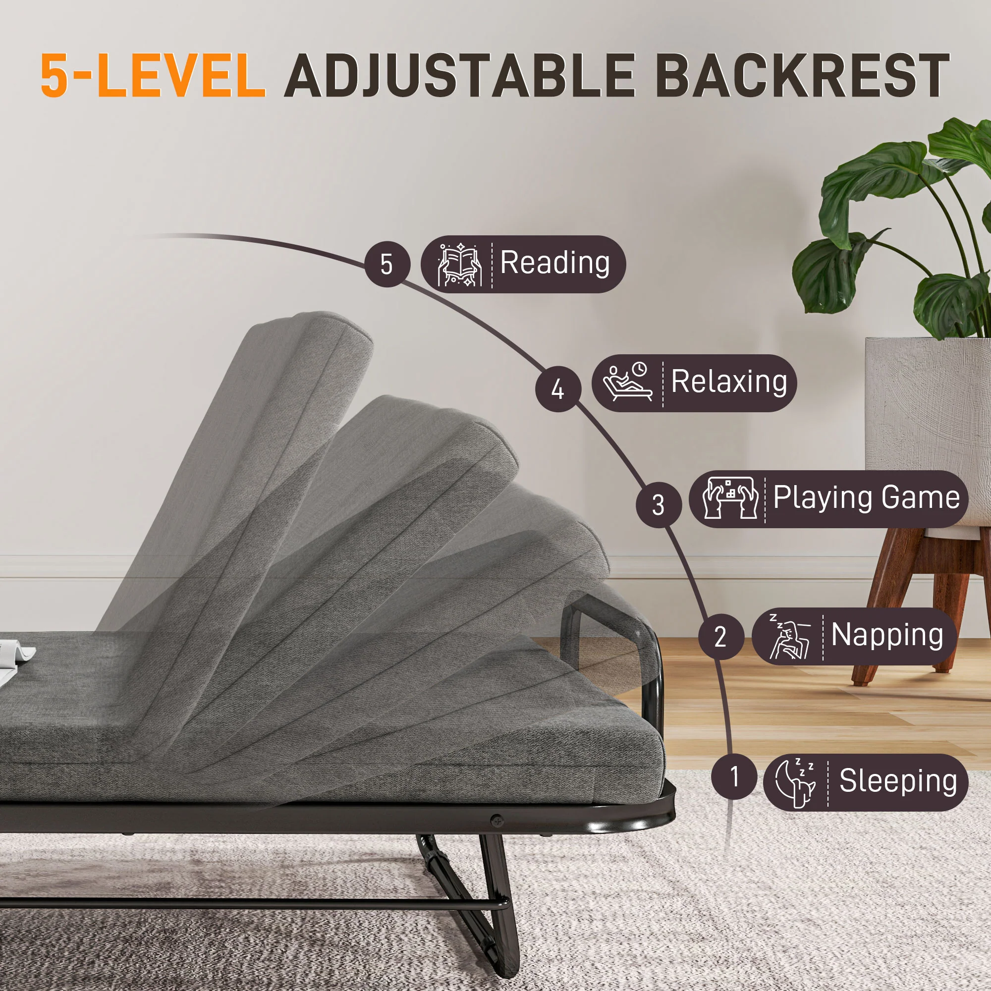 HOMCOM Single Folding Bed With Mattress Foldable Guest Bed On Wheels, Grey - Image 4