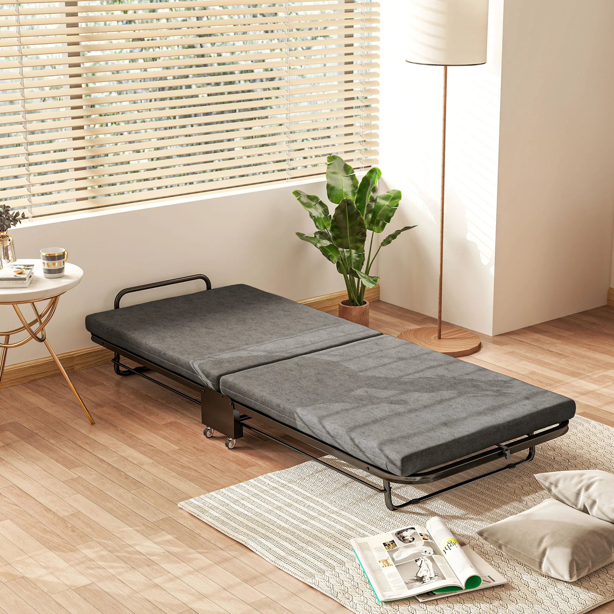 HOMCOM Single Folding Bed With Mattress Foldable Guest Bed On Wheels, Grey - Image 9
