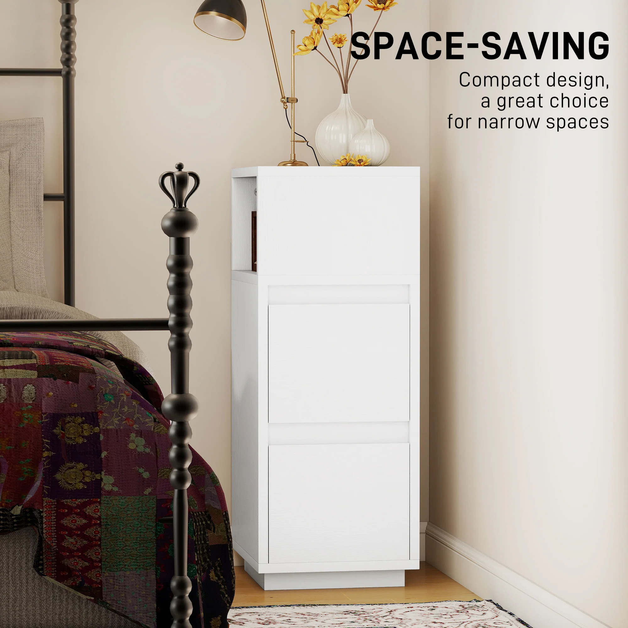HOMCOM Slim Bedside Table, Bedside Cabinet with Open Shelf and 2 Drawers - Image 4