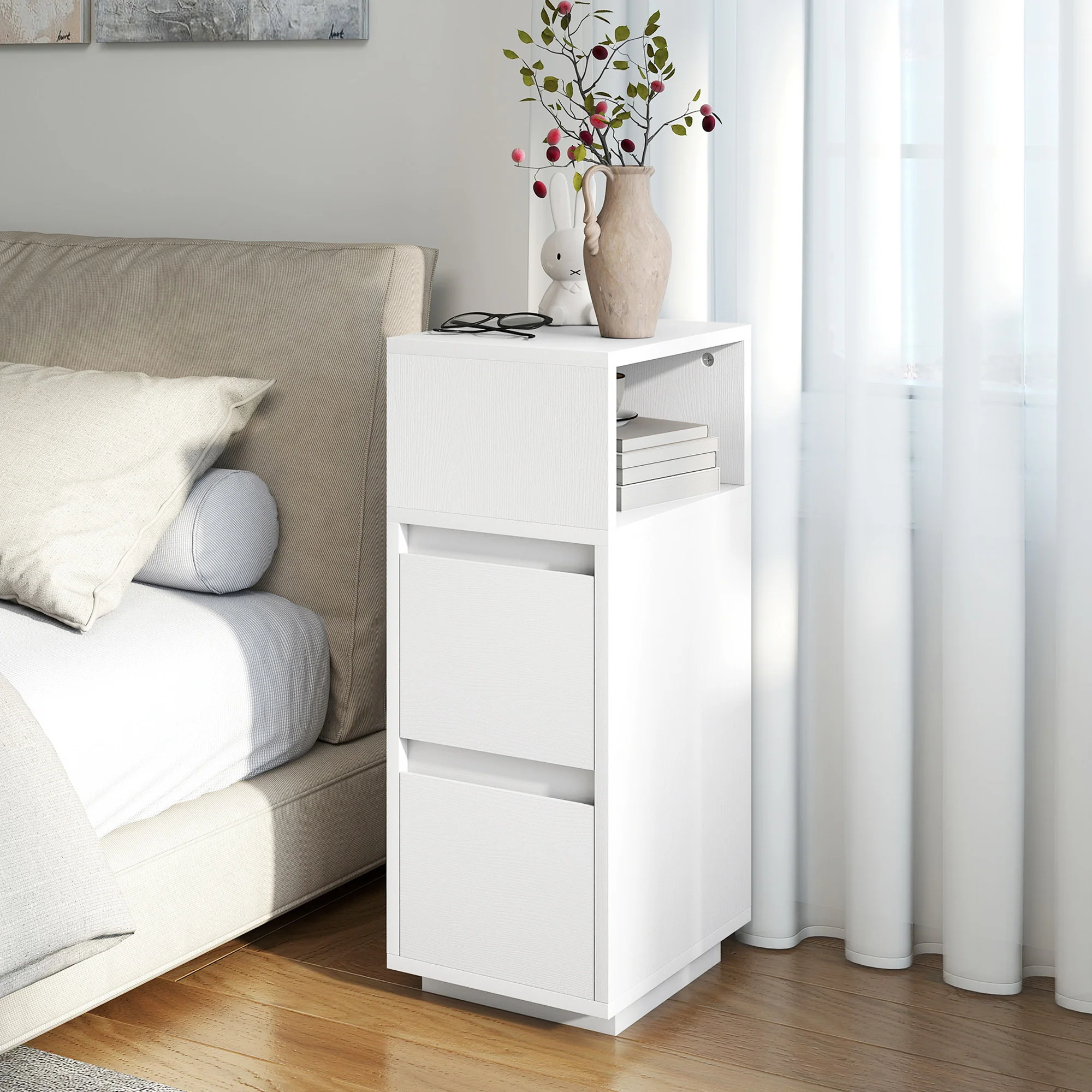 HOMCOM Slim Bedside Table, Bedside Cabinet with Open Shelf and 2 Drawers - Image 8