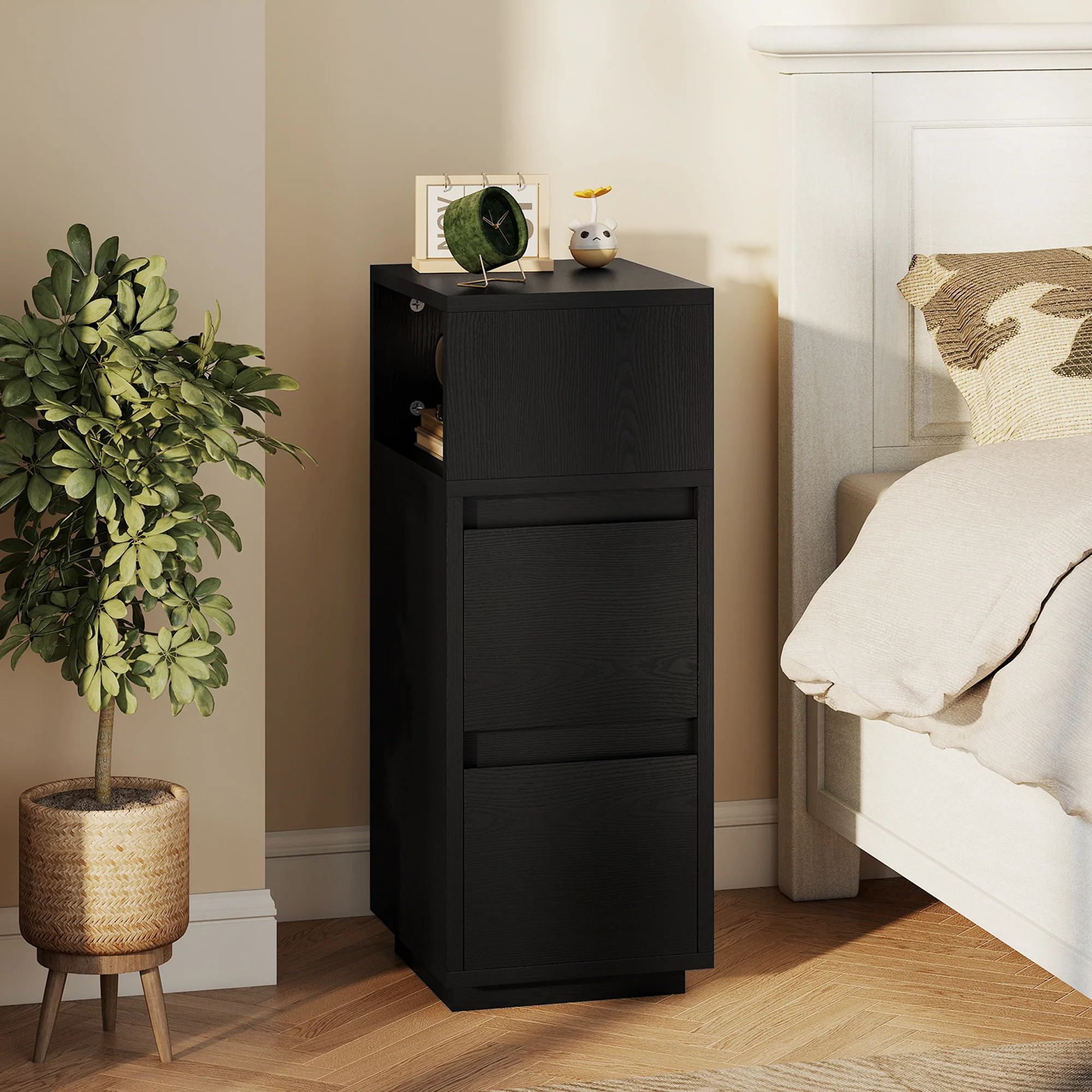 HOMCOM Slim Bedside Table, Bedside Cabinet with Open Shelf and 2 Drawers - Image 2