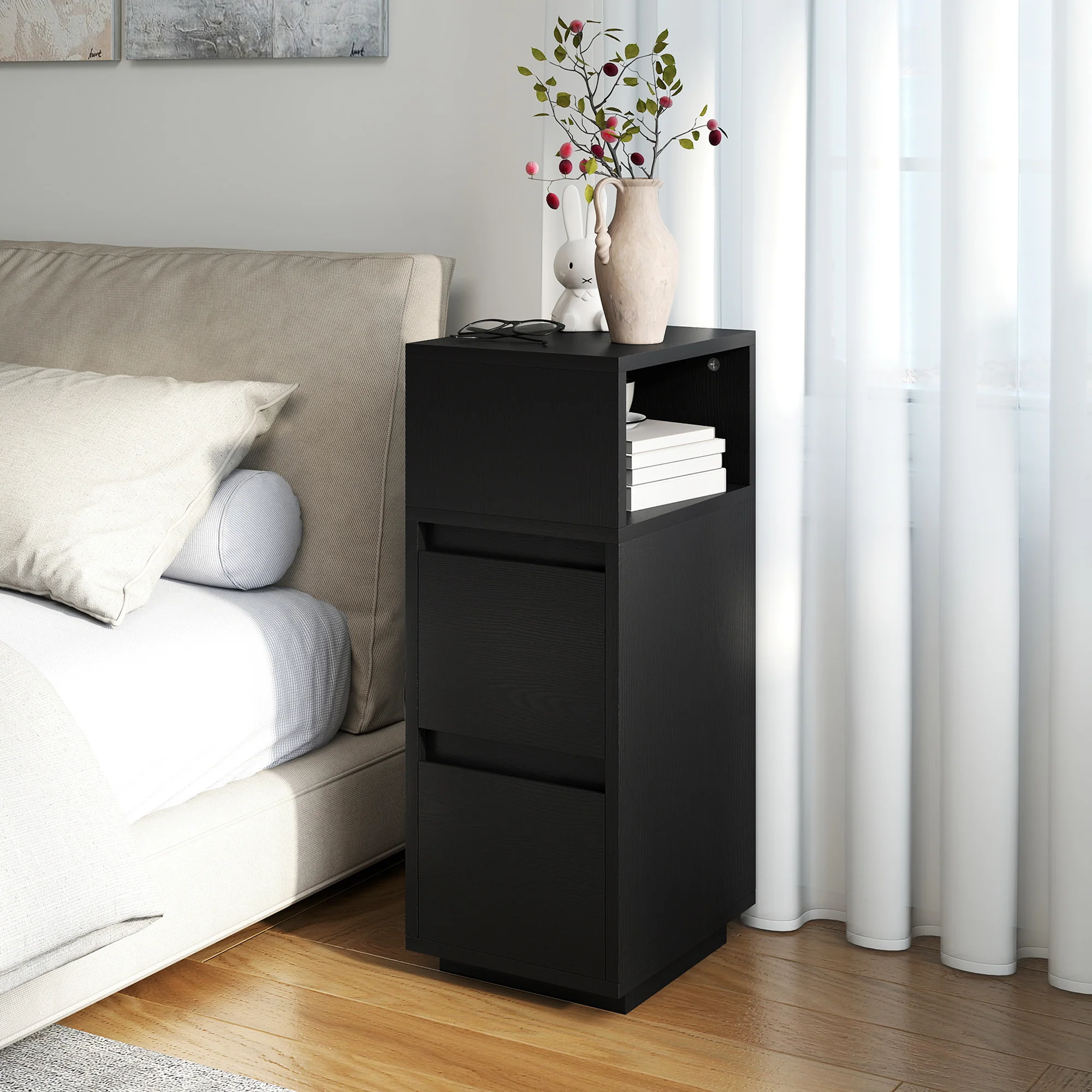 HOMCOM Slim Bedside Table, Bedside Cabinet with Open Shelf and 2 Drawers - Image 8