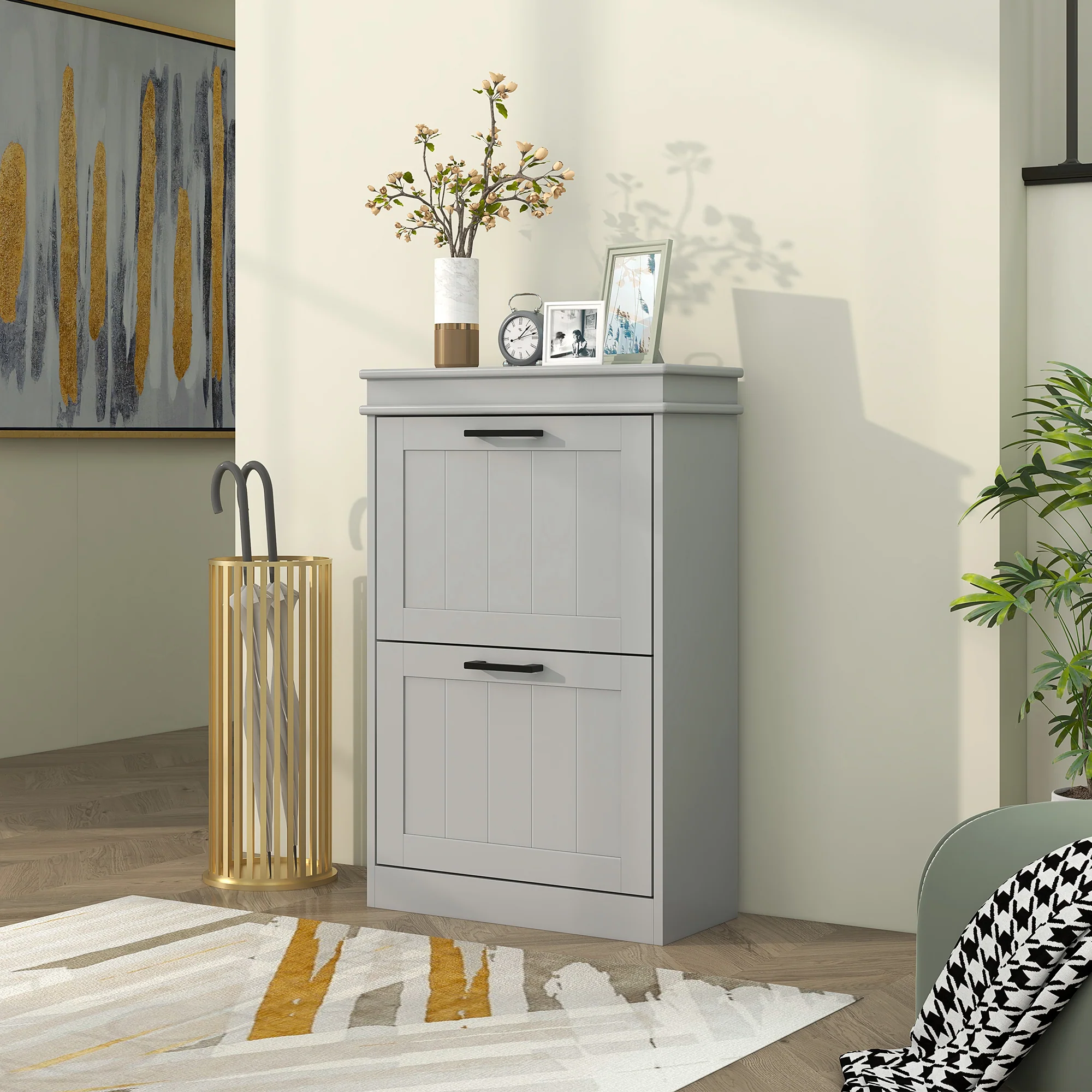 HOMCOM Slim Shoe Storage Cabinet With 2 Flip Drawers For Entryway, Grey - Image 8