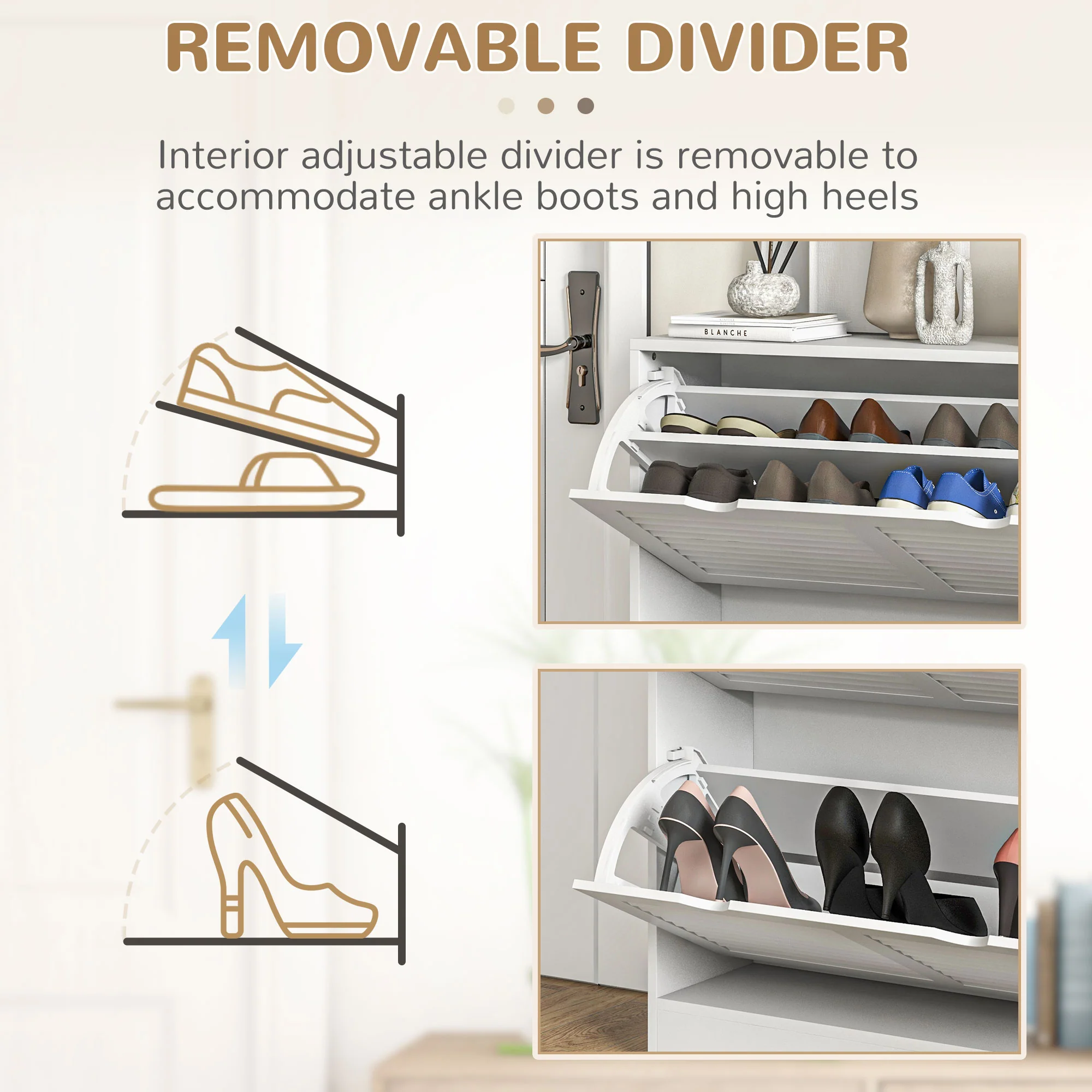 HOMCOM Slim Shoe Storage Cabinet with 2 Flip Drawers for Entryway, White - Image 6