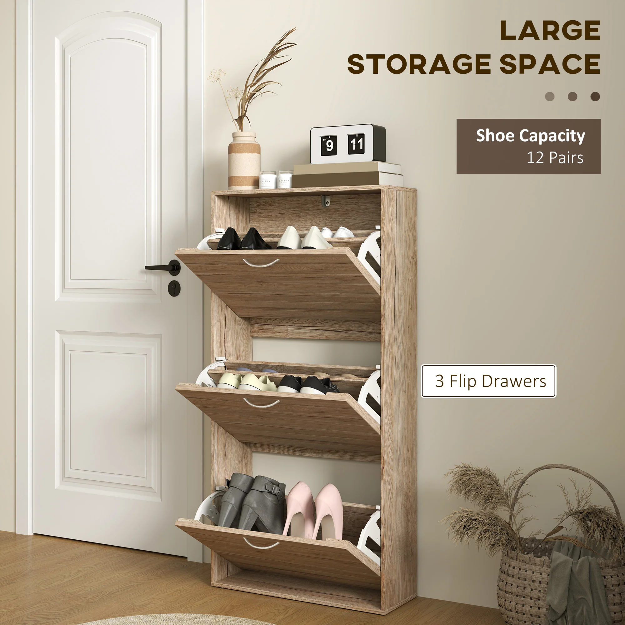 HOMCOM Slim Shoe Storage Cabinet With 3 Flip Drawers For 12 Pair Of Shoes - Image 3