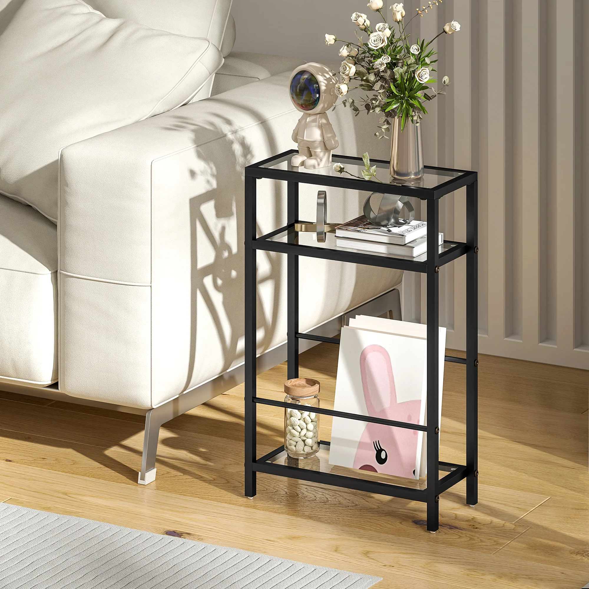 HOMCOM Slim Side Table, End Table with Tempered Glass Tabletop, Black - Image 2