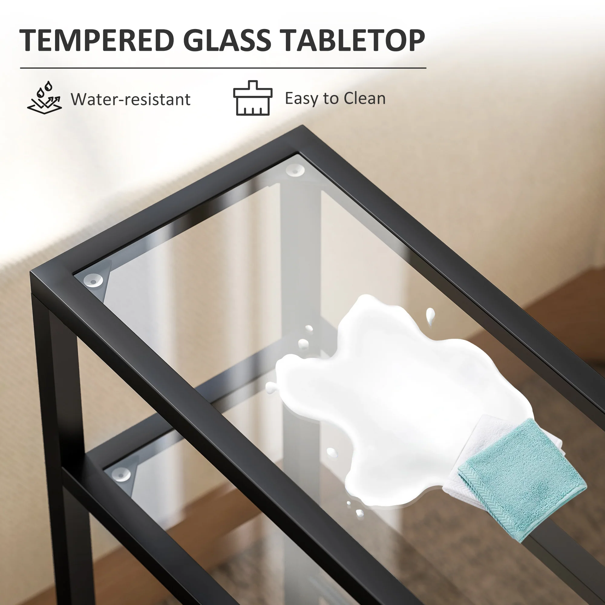 HOMCOM Slim Side Table, End Table with Tempered Glass Tabletop, Black - Image 4