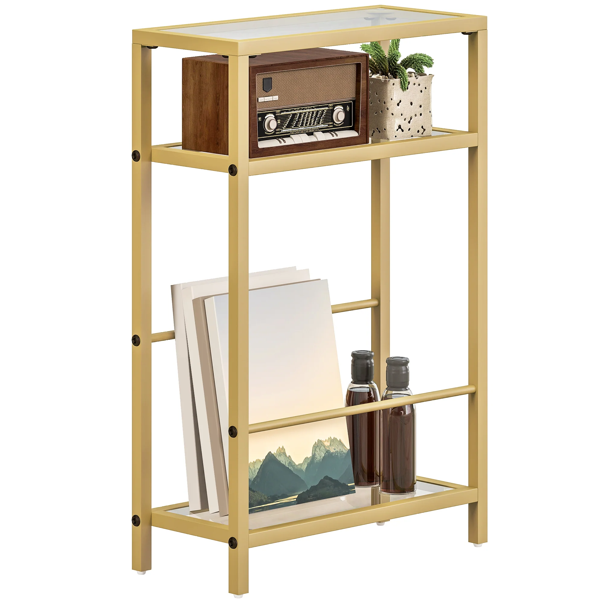 HOMCOM Slim Side Table, End Table with Tempered Glass Tabletop, Gold