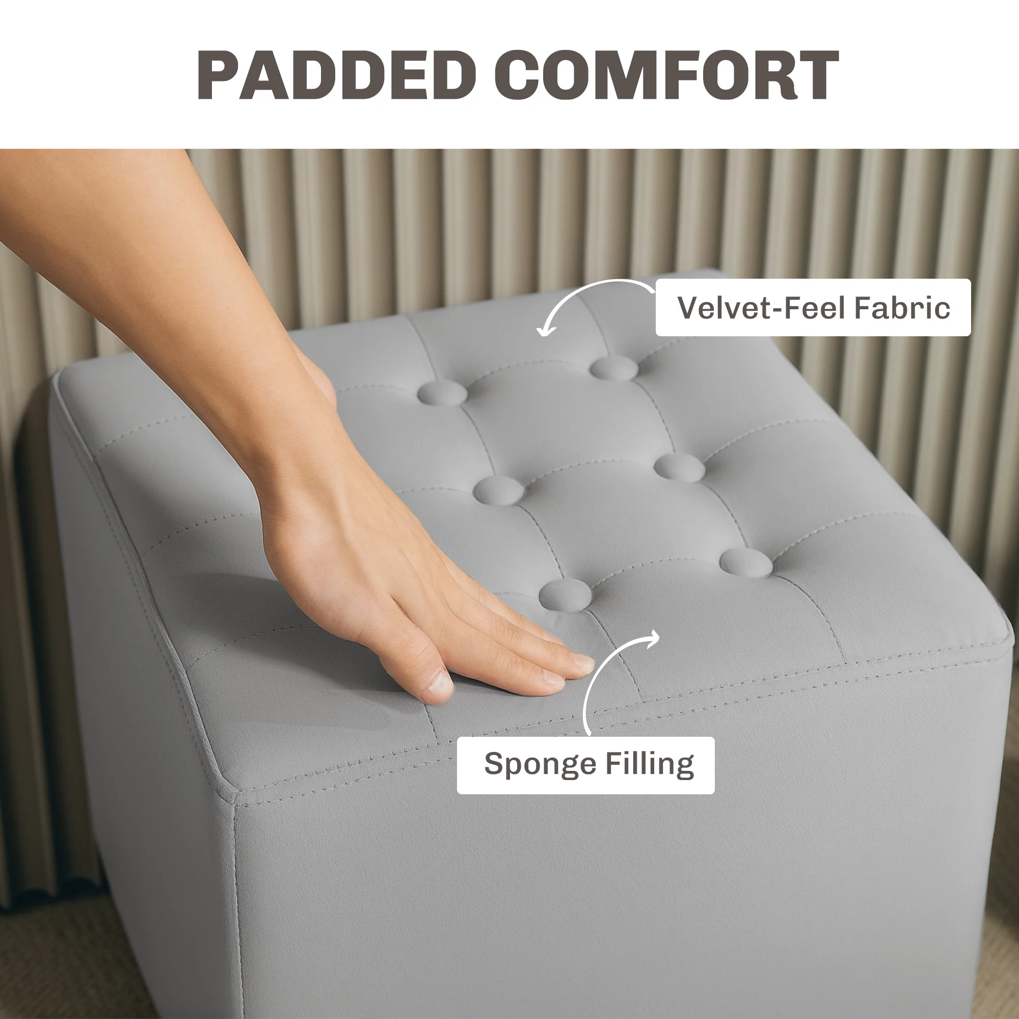 HOMCOM Square Footstool Small Ottoman w/ Wood Legs for Bedroom Light Grey - Image 4