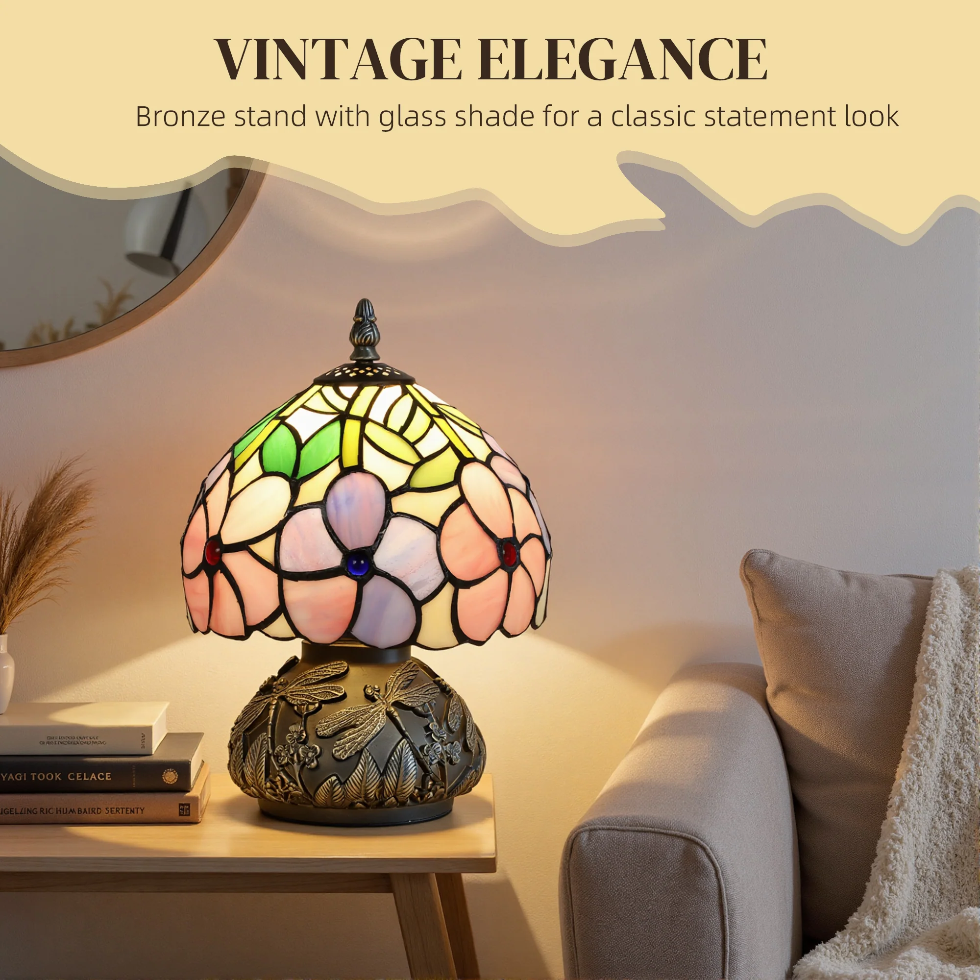 HOMCOM Stained Glass Bedside Lamp, Tiffany Style Table Lamp For Bedroom - Image 3