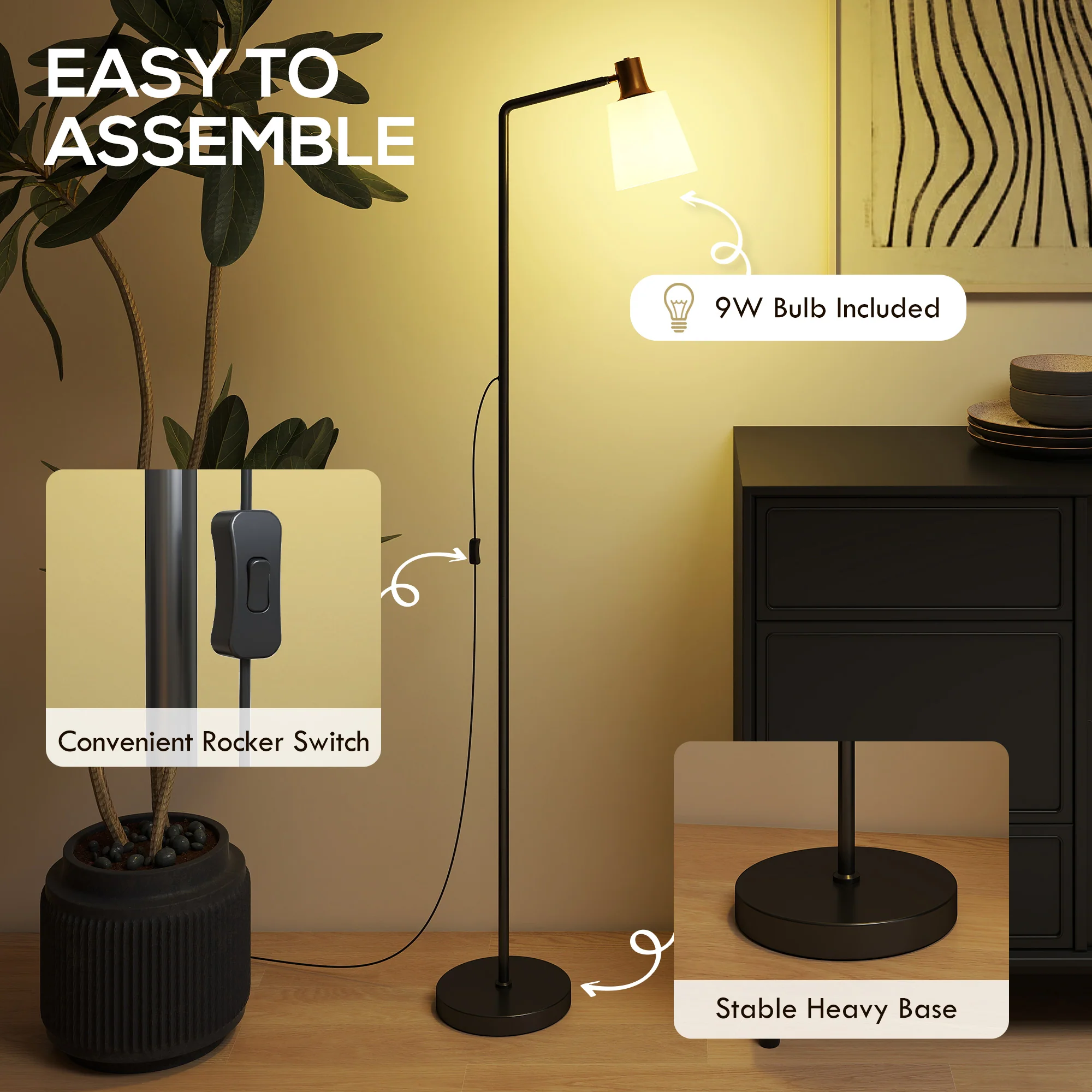 HOMCOM Standing Lamp With Rotatable Head, Modern Floor Lamp, Black - Image 6