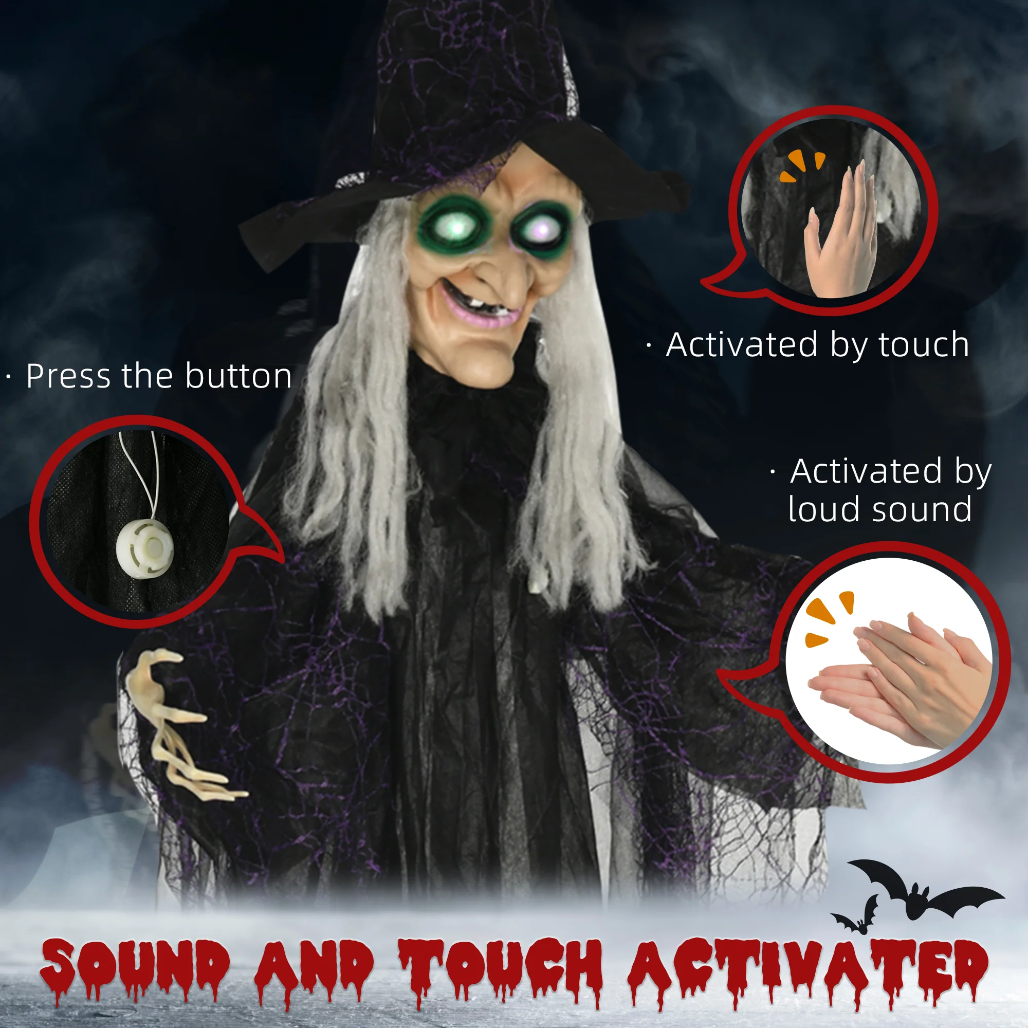 HOMCOM Standing Witch Prop Life Size with Light Up Eyes, Talking Sound - Image 6