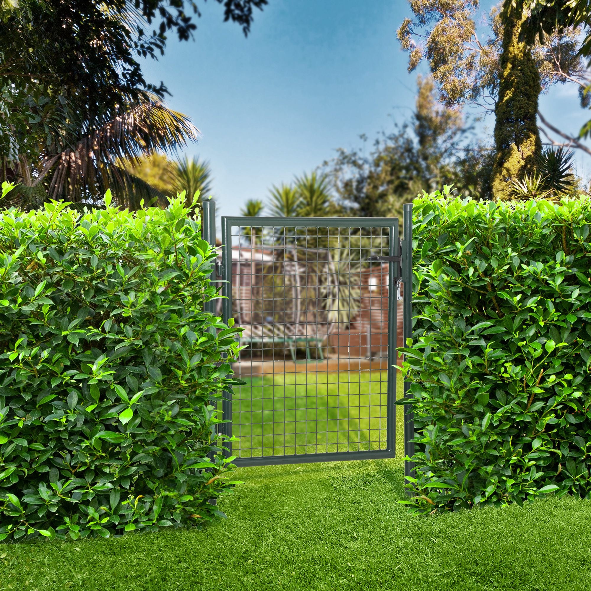 HOMCOM Steel Garden Gate Security Barrier Mesh Fence W/ Lock, 97cm X 150 Cm - Image 2