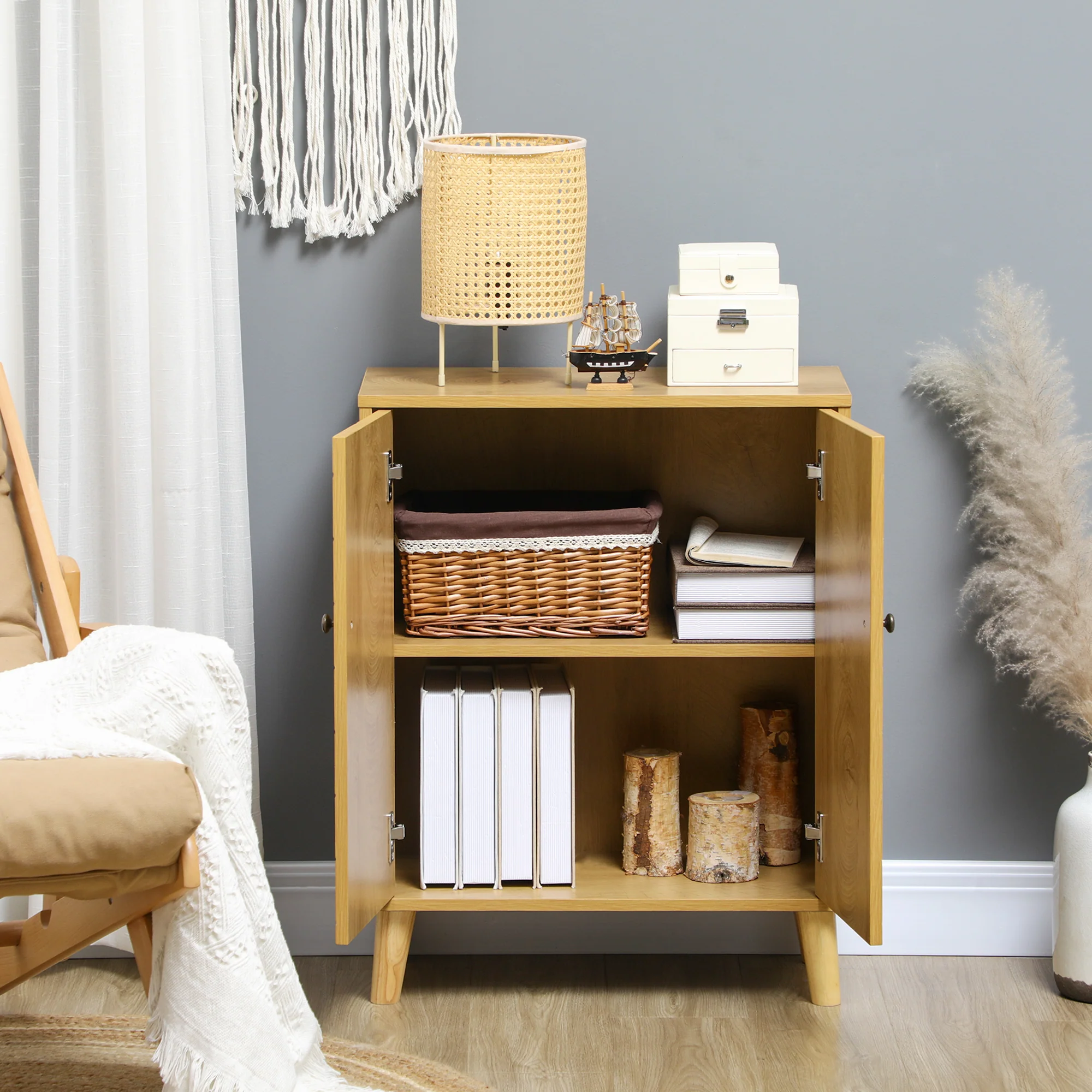 HOMCOM Storage Cabinet for Living Room Sideboard with Chevron Doors Natural - Image 6