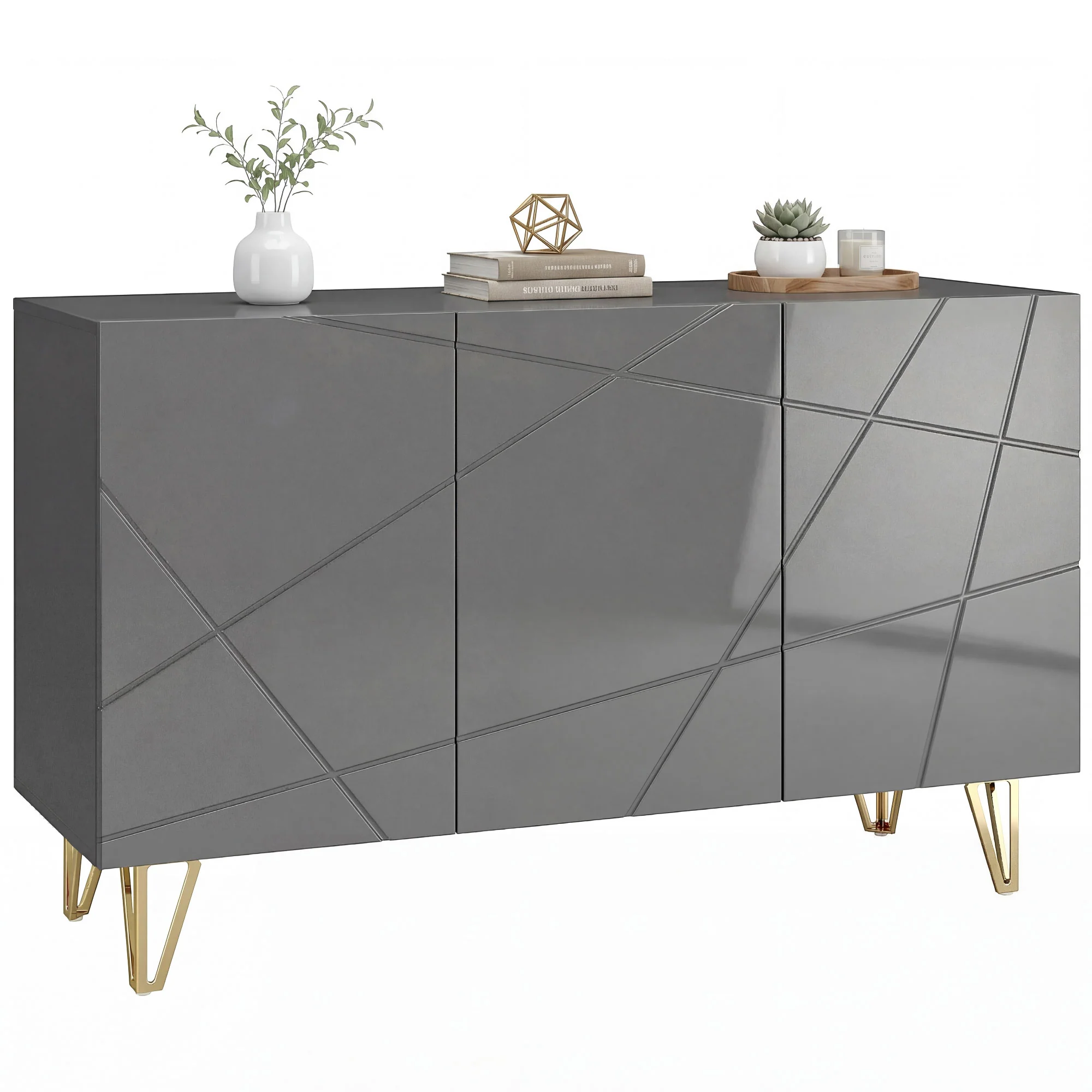 HOMCOM Storage Cabinet, Sideboard With Adjustable Shelves, High Gloss Grey