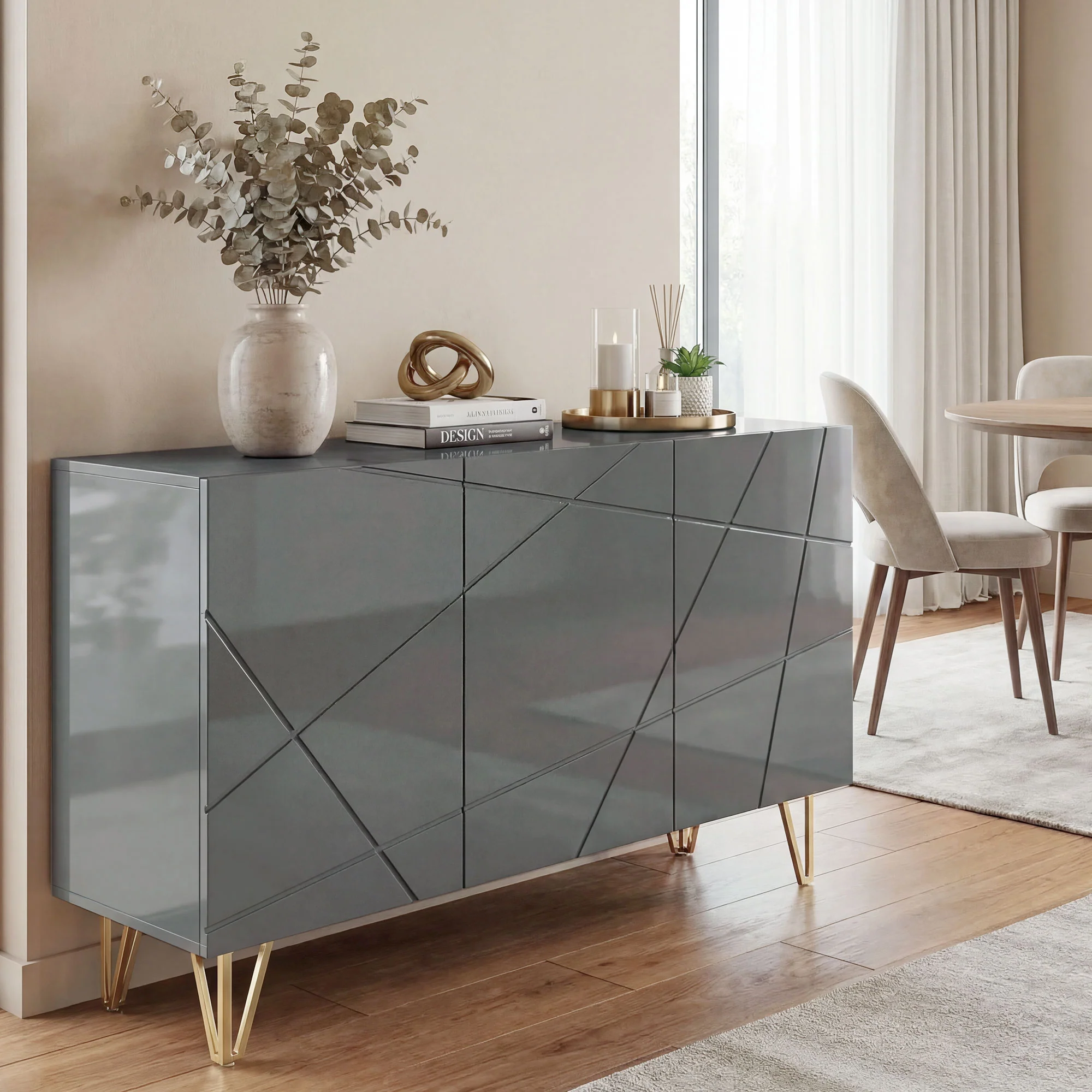 HOMCOM Storage Cabinet, Sideboard With Adjustable Shelves, High Gloss Grey - Image 2