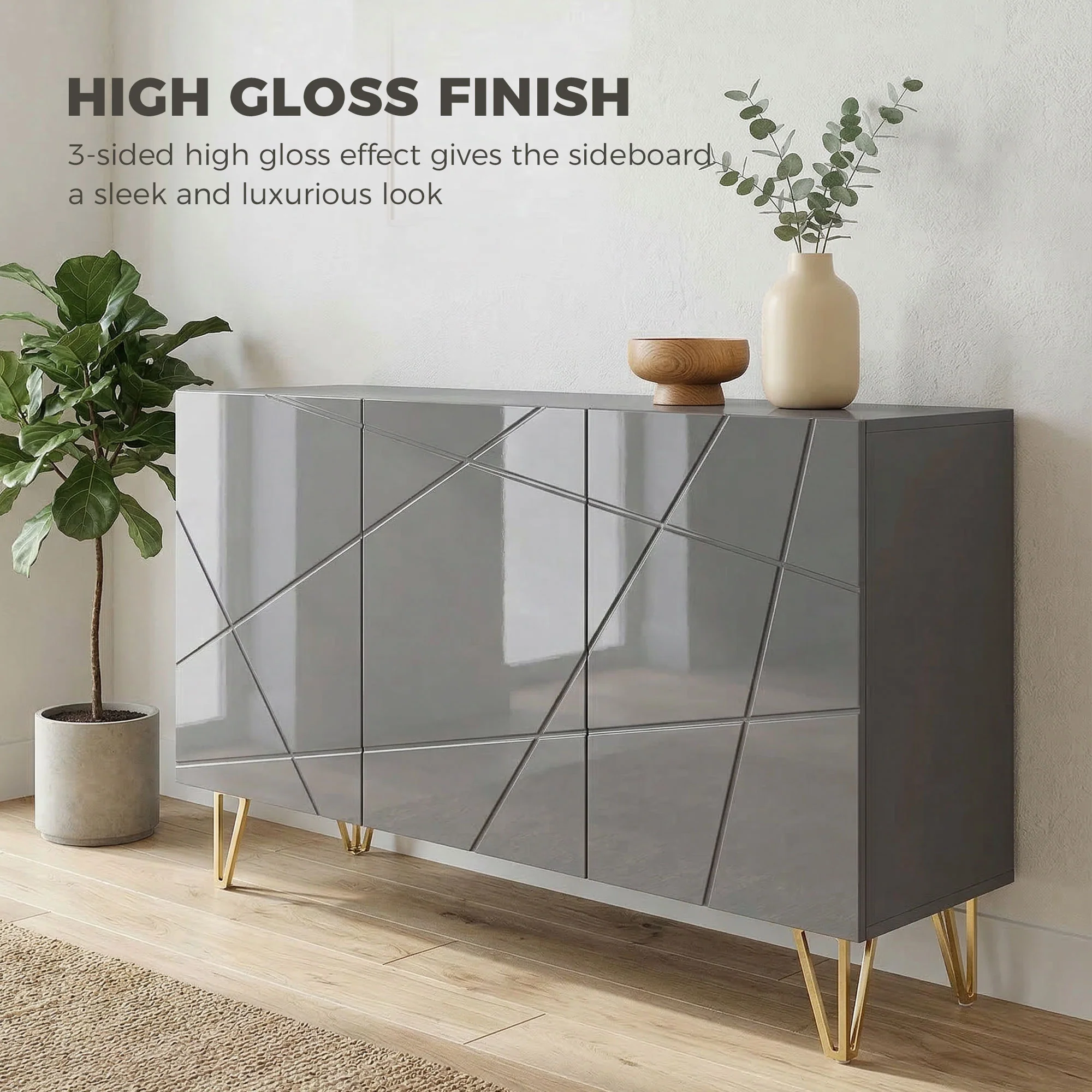 HOMCOM Storage Cabinet, Sideboard With Adjustable Shelves, High Gloss Grey - Image 3