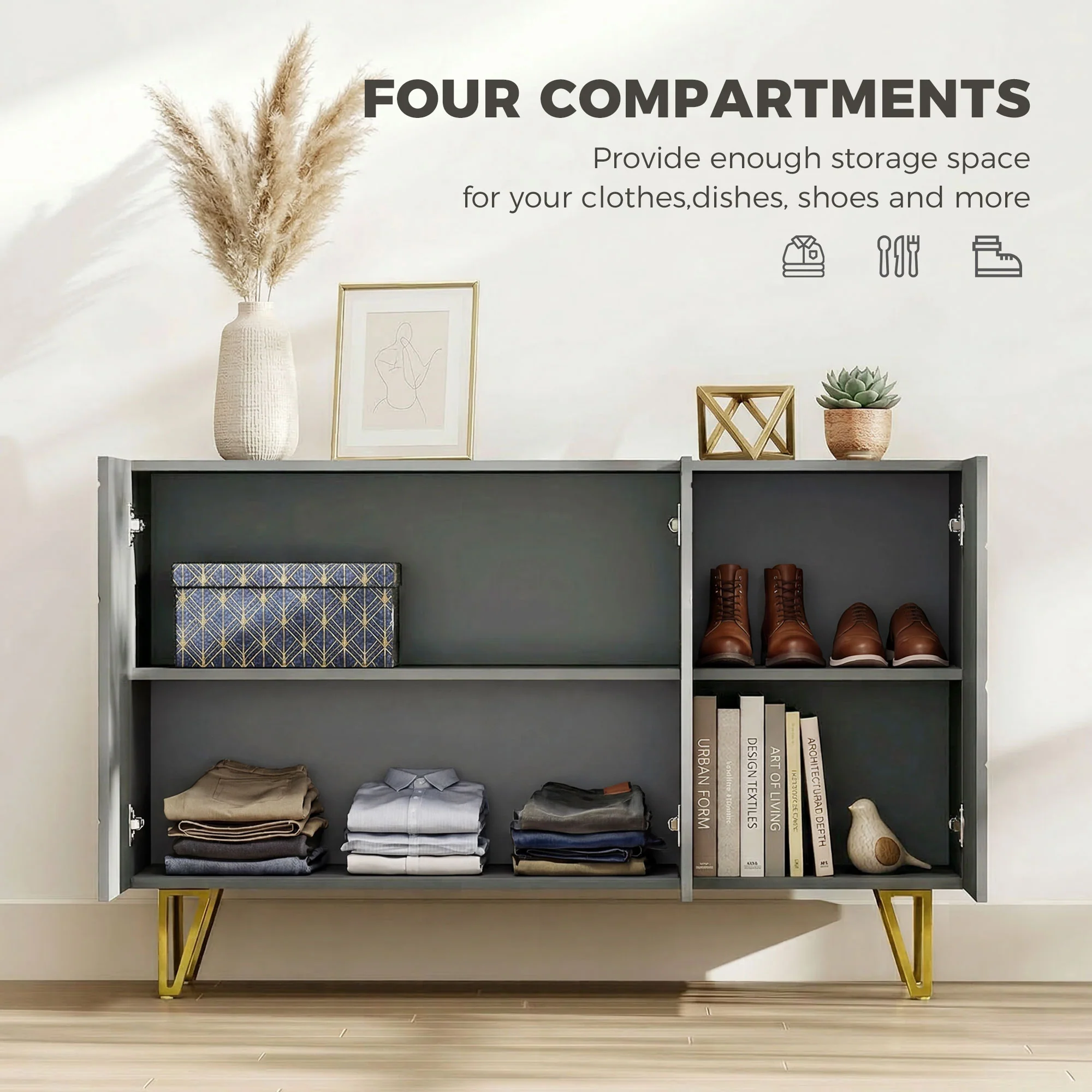 HOMCOM Storage Cabinet, Sideboard With Adjustable Shelves, High Gloss Grey - Image 4