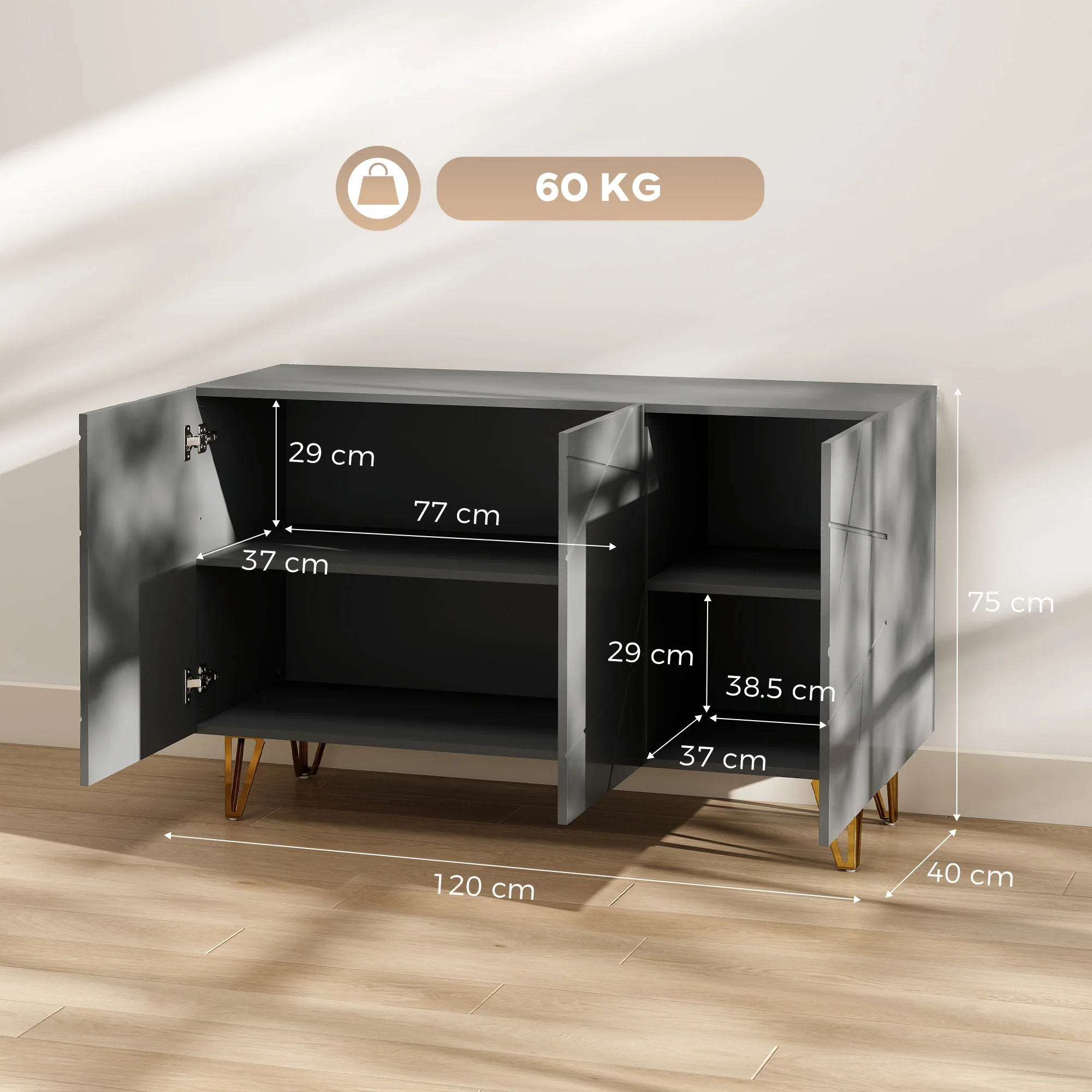 HOMCOM Storage Cabinet, Sideboard With Adjustable Shelves, High Gloss Grey - Image 5