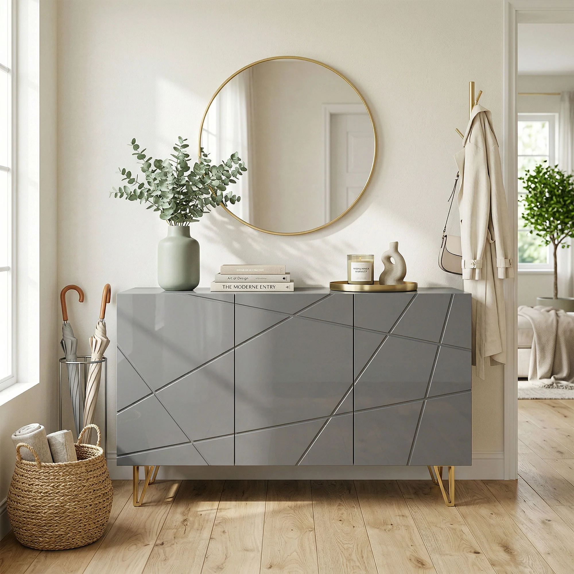 HOMCOM Storage Cabinet, Sideboard With Adjustable Shelves, High Gloss Grey - Image 9