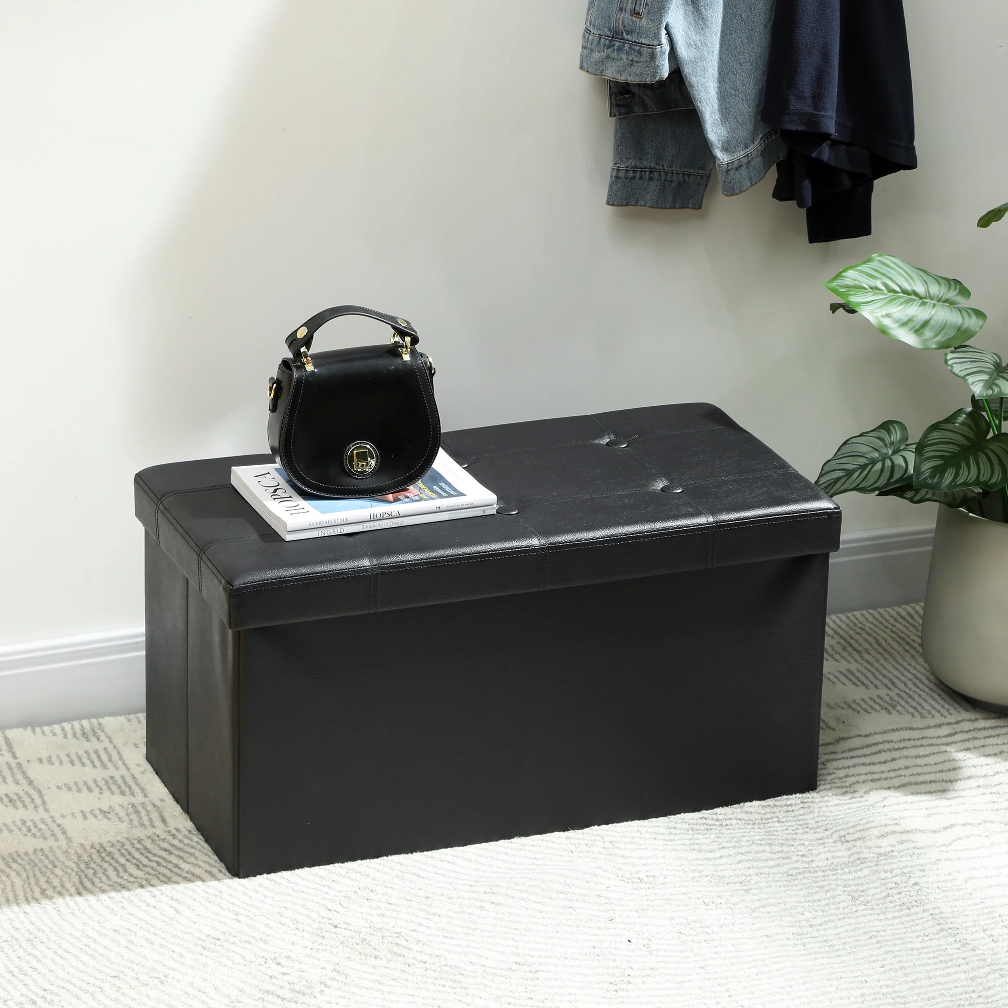 HOMCOM Storage Ottoman Bench, 89L PU Leather Folding Foot Rest, Black - Image 2