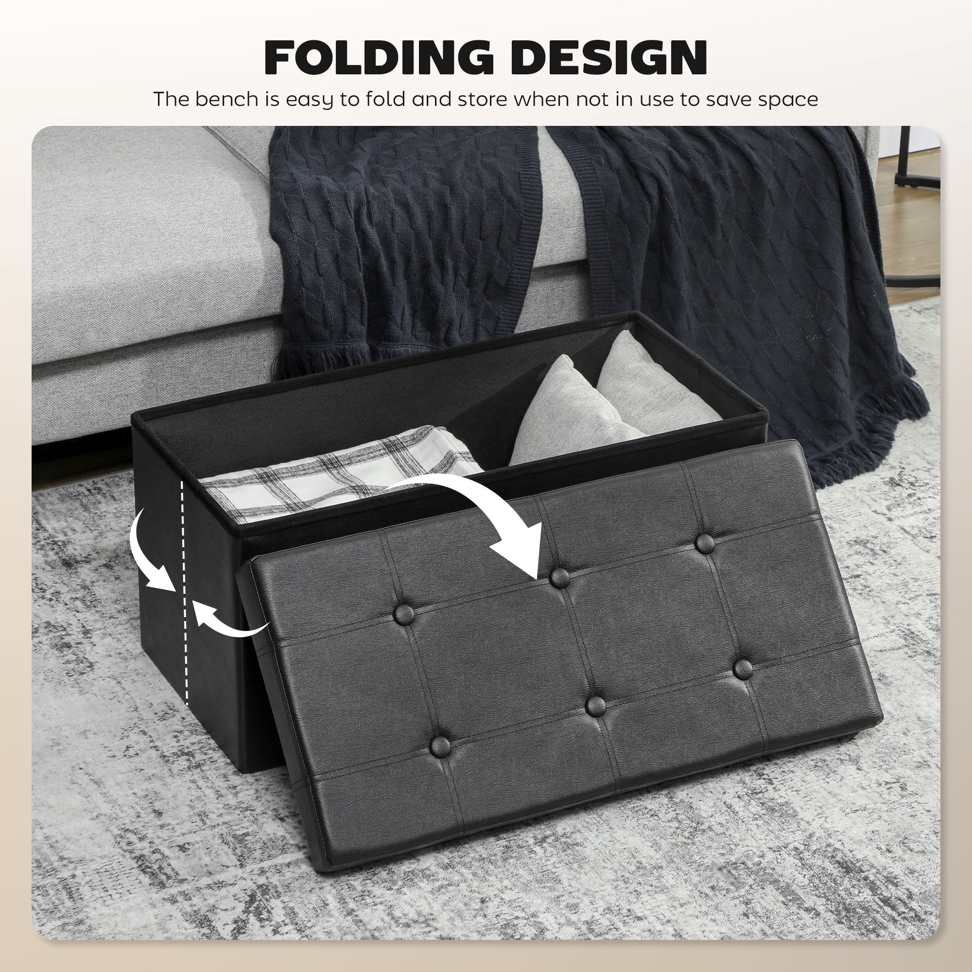 HOMCOM Storage Ottoman Bench, 89L PU Leather Folding Foot Rest, Black - Image 6