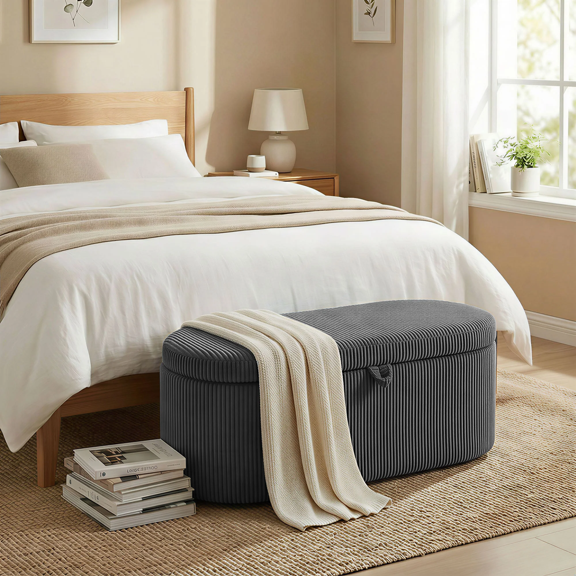 HOMCOM Storage Ottoman, Corduroy Ottoman Storage Box With Padded Seat - Image 2