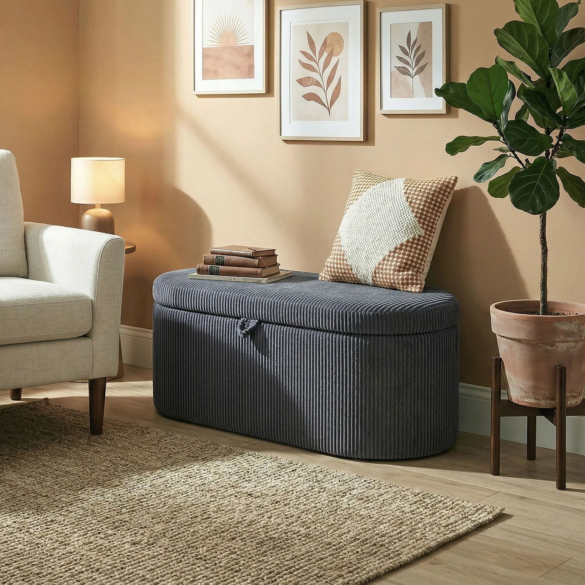 HOMCOM Storage Ottoman, Corduroy Ottoman Storage Box With Padded Seat - Image 8