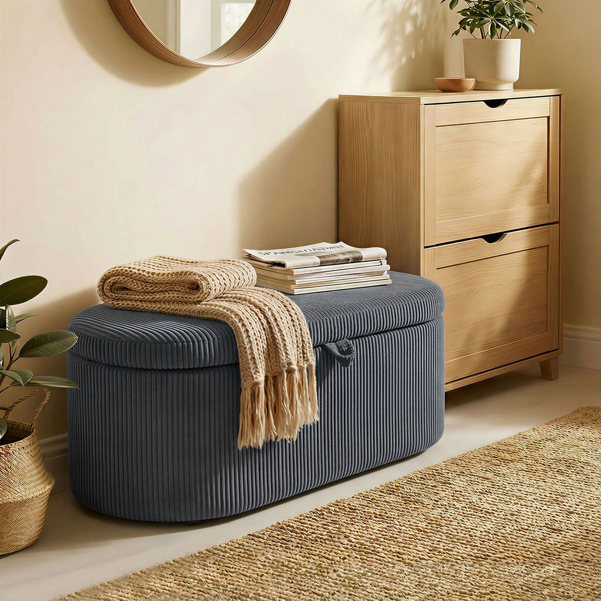 HOMCOM Storage Ottoman, Corduroy Ottoman Storage Box With Padded Seat - Image 9