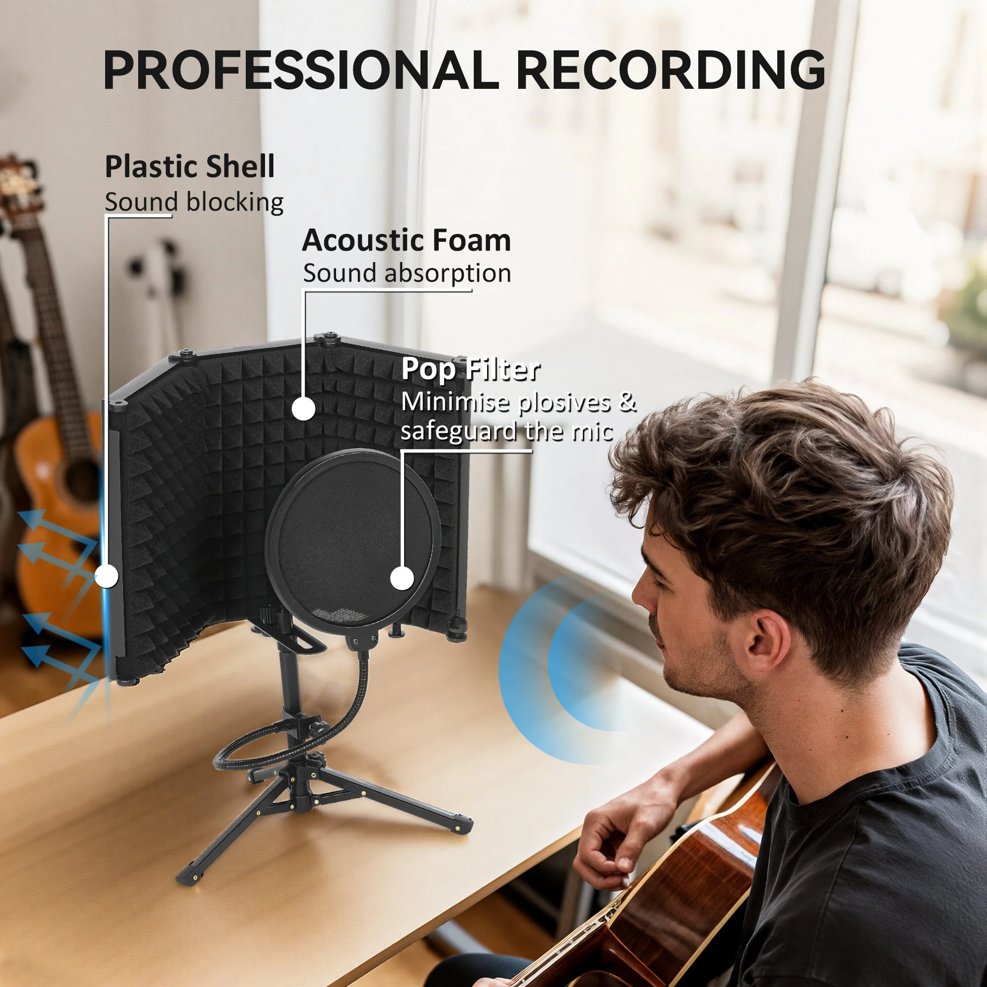 HOMCOM Studio Microphone Isolation Shield with Pop Filter & Stand, Black - Image 3