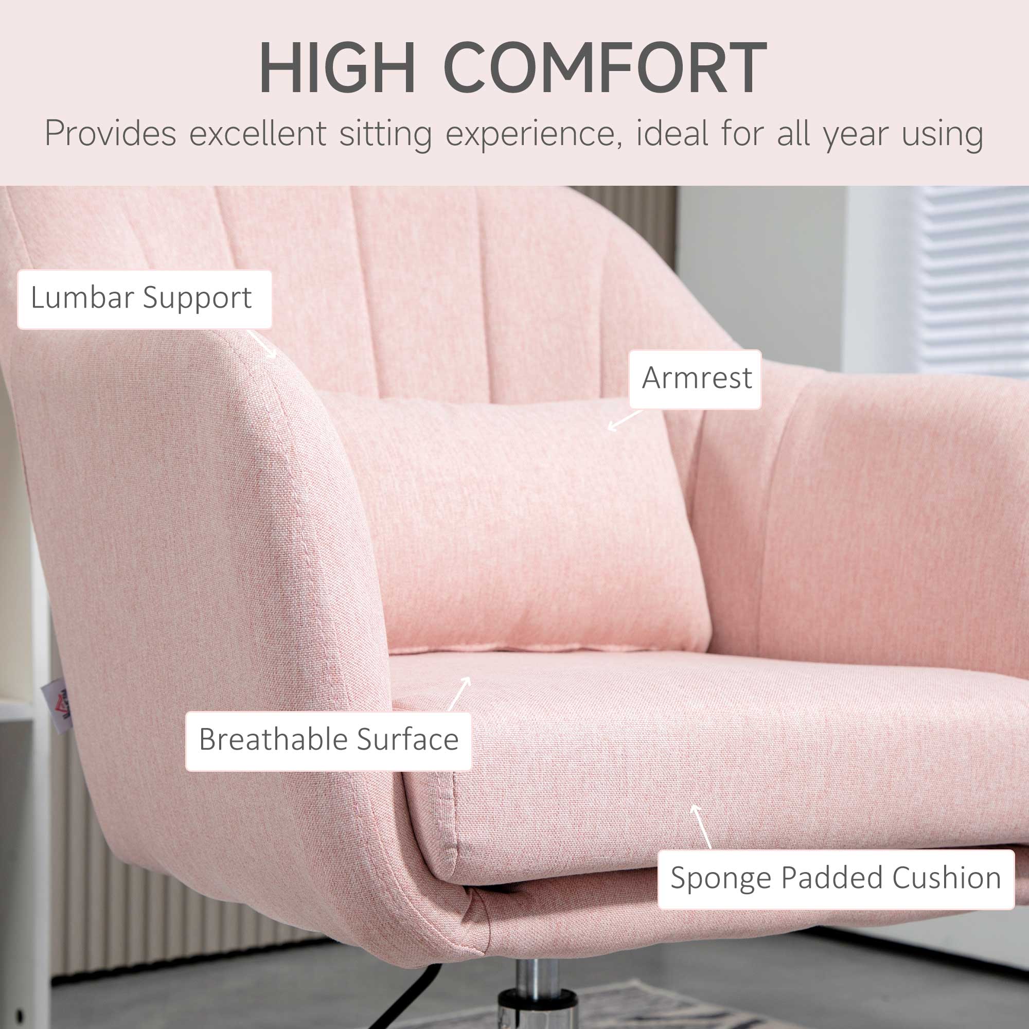 HOMCOM Stylish Retro Linen Swivel Tub Chair Steel Frame Cushion Seat Pink - Image 7